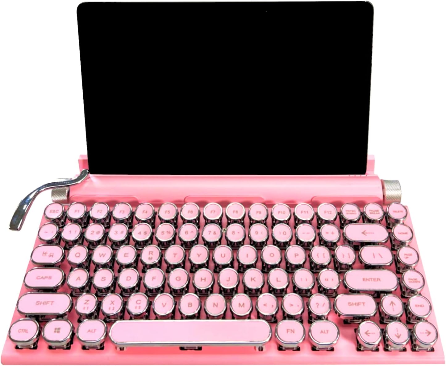 PUFFOLOGY Retro Pink Typewriter Style Mechanical Keyboard Wireless, Kawaii Gaming & Vintage Classic Steampunk, Cute Round Punk keycaps with Bluetooth USB, Desktop PC/iPad/iPhone- Easter Gift
