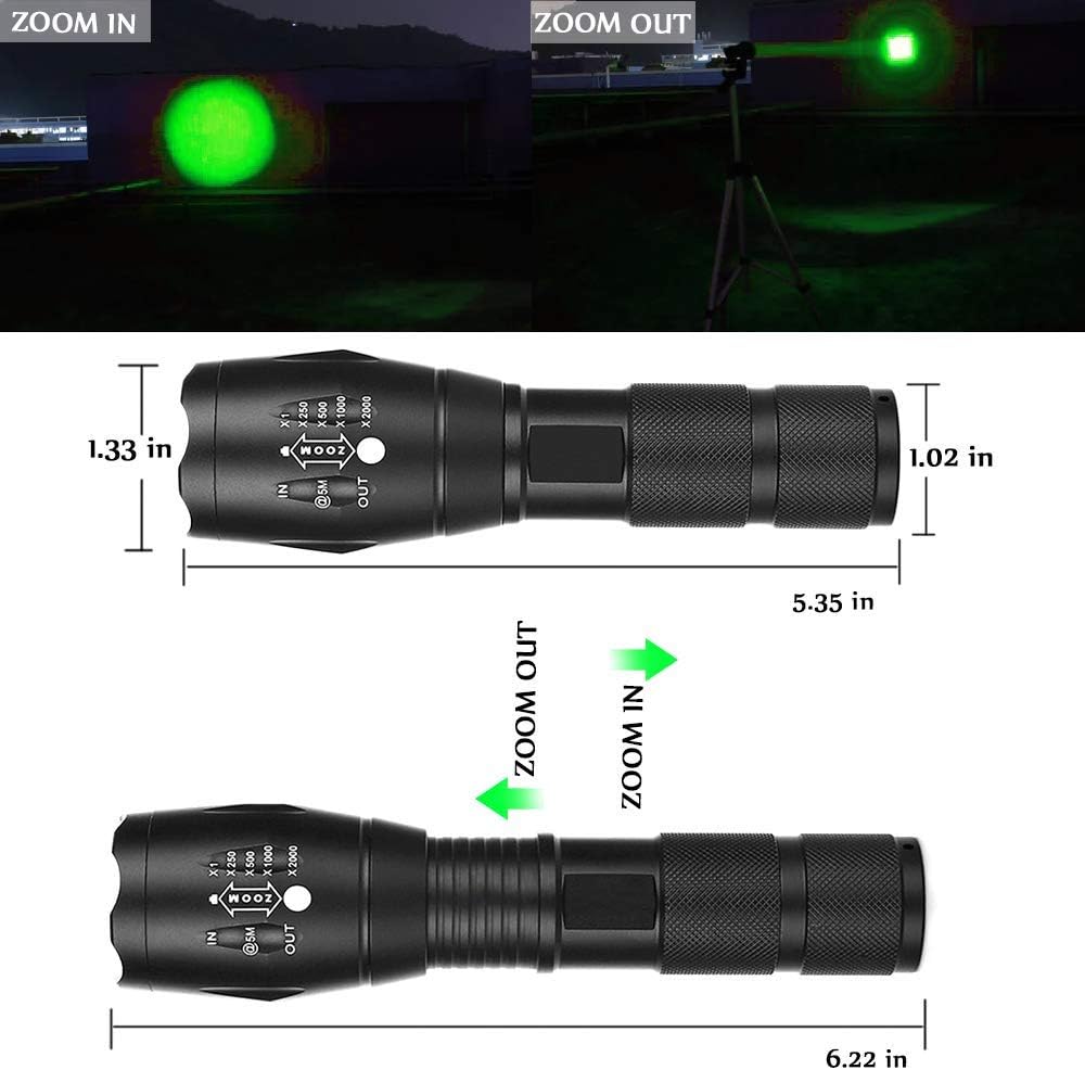 2 Pack Tactical Green Light Flashlight Single Modes Zoomable LED Hunting Light for Night Vision