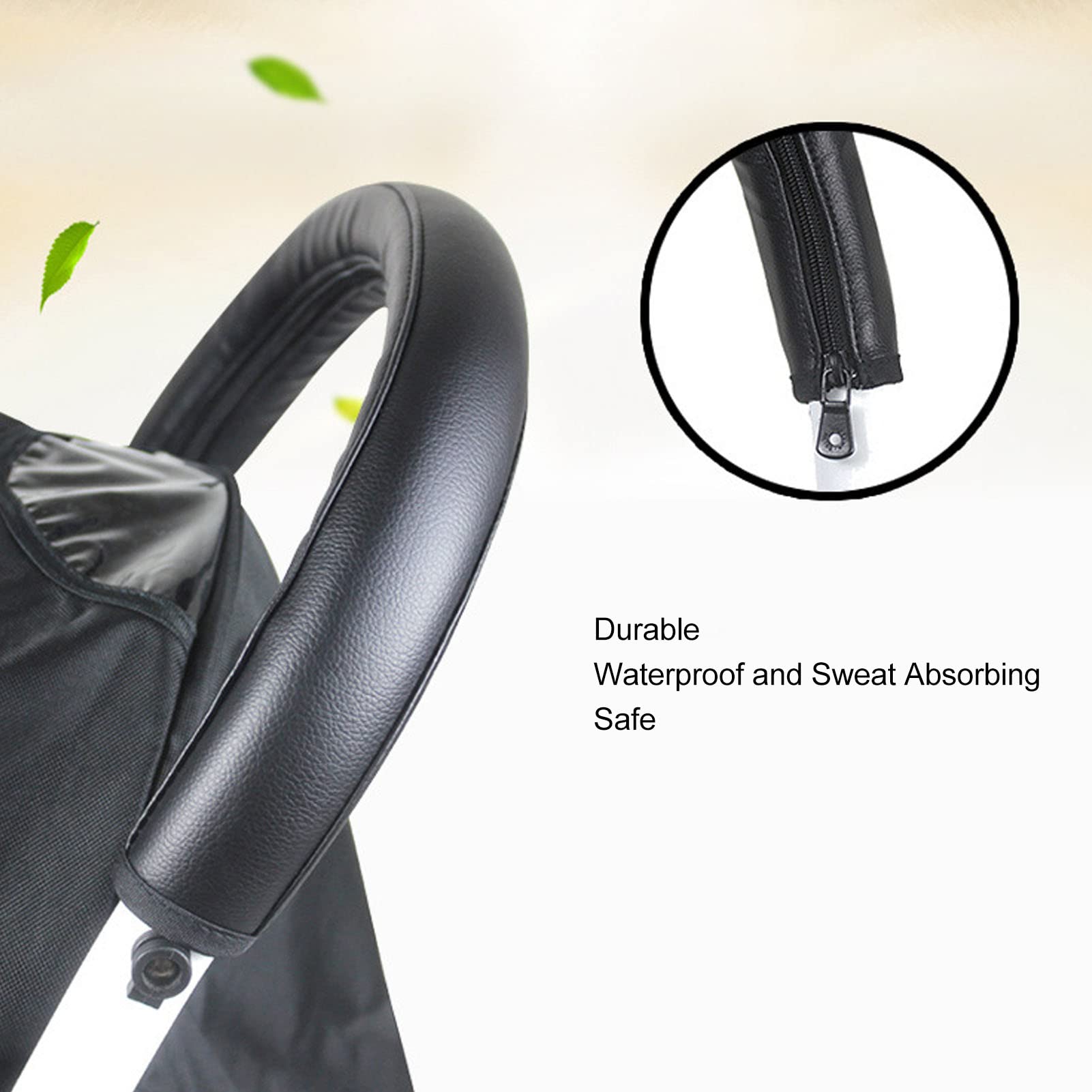 2pcs Stroller Handle Sleeve, Cleanable Soft Comfortable Elastic PU Leather Cover for Grip Bar (Black) - Image 2
