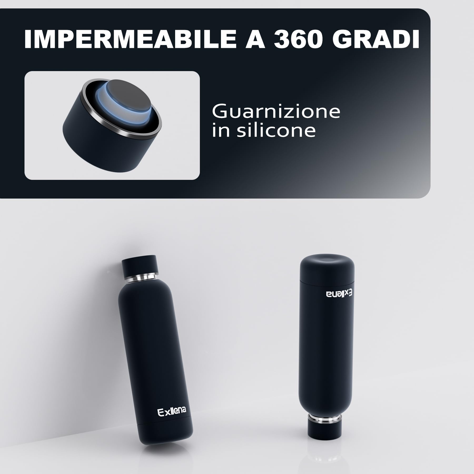 Exllena Borraccia Termica 500 ml - Bottiglia Termica Doppio Vuoto Mantenere Calore/Freddo - Senza BPA - 100% A Tenuta Stagna con Anello per Tote (Nero)