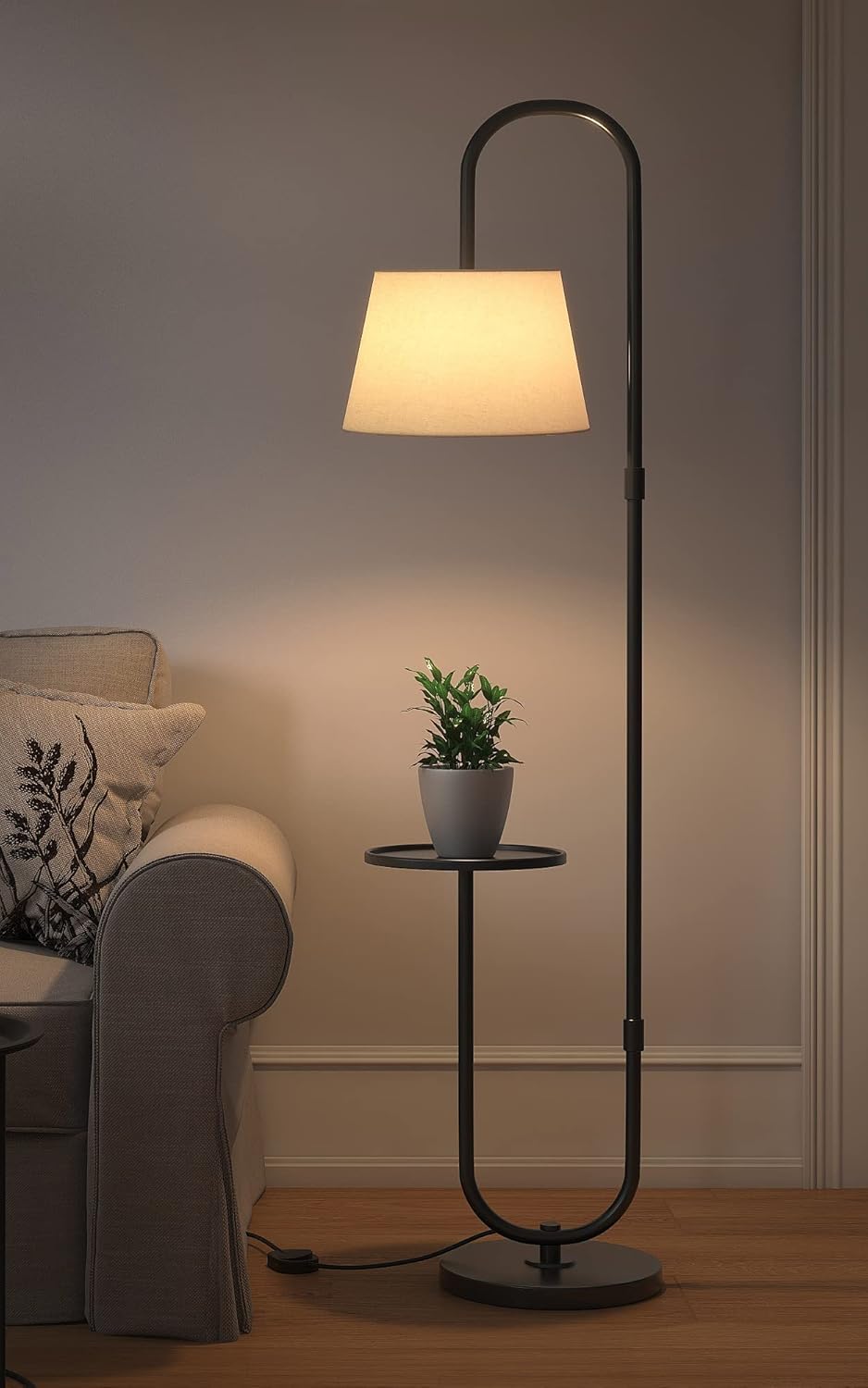 Modern Shelf LED Floor Lamp Standing Black 5Ft Height with Shelf Diameter 10 Inches and Off White Lampshade-image-29