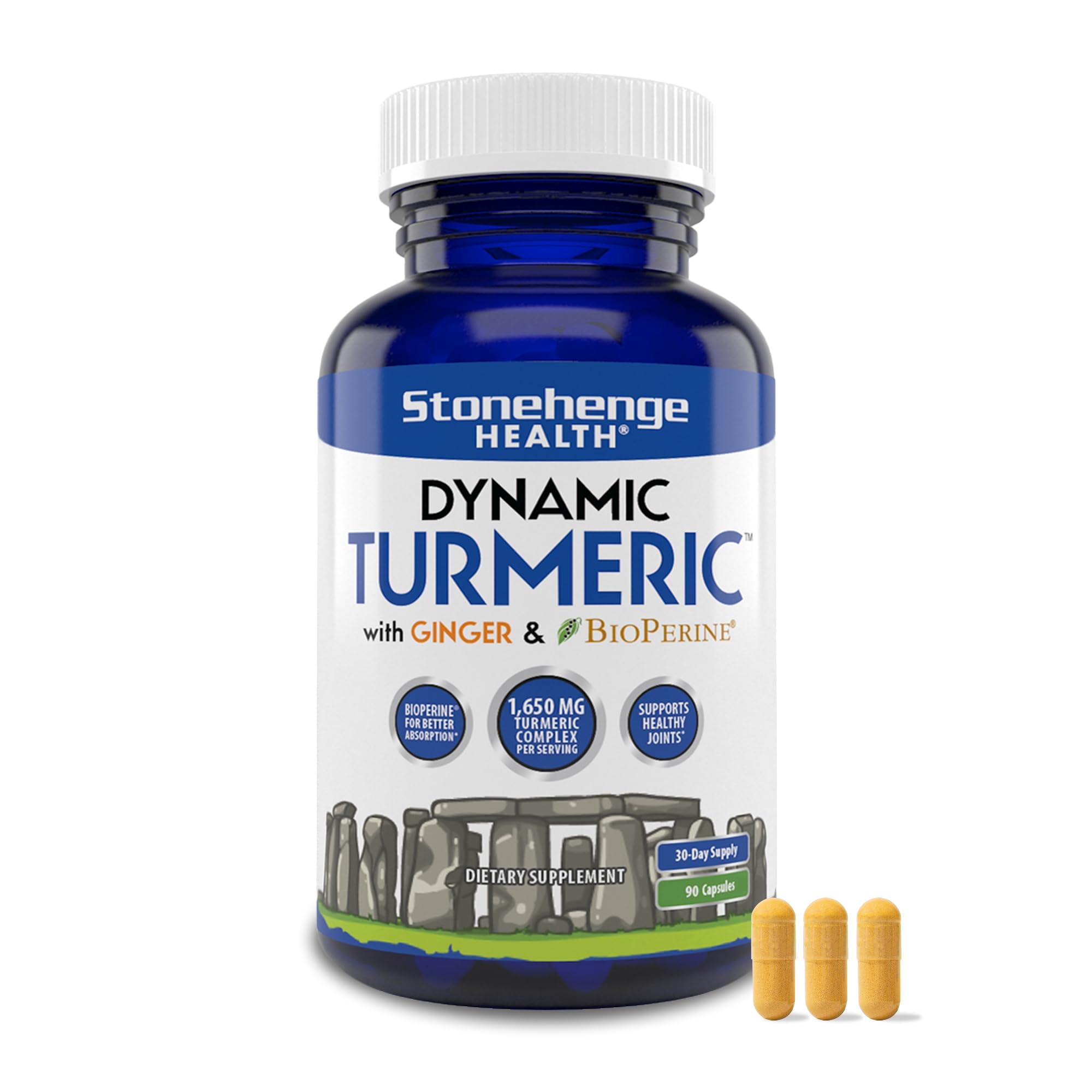 Stonehenge Health Dynamic Turmeric Curcumin with Ginger - High Potency - 1,650 mg Turmeric with 95% Curcuminoids & BioPerine, 90 Vegetarian Capsules