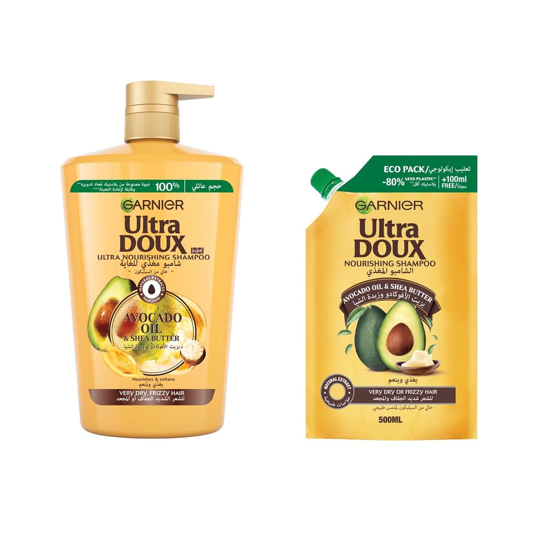 Garnier Ultra Doux Avocado Oil & Shea Butter Nourishing Shampoo For Very Dry & Frizzy Hair, 1000 ml + ecopack 500 ml
