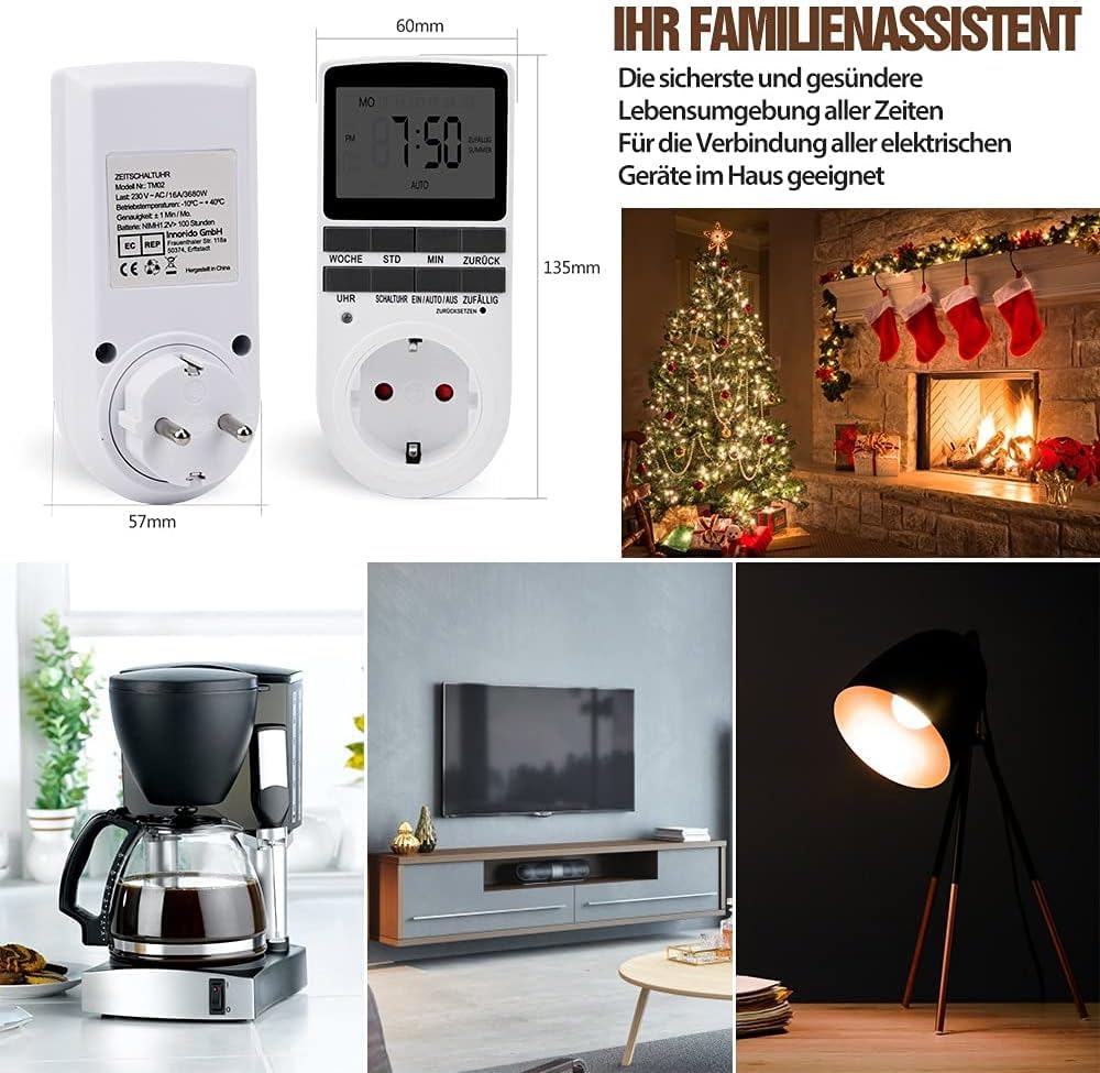 Nach Maß Deutsche Ausführung Zeitschaltuhr Steckdose - 3 PCS| Elektrische Zeitschaltuhr Digital mit Deutsche System und Tasten | 10 konfigurierbare Programme | 12/24h Modus, Weiß