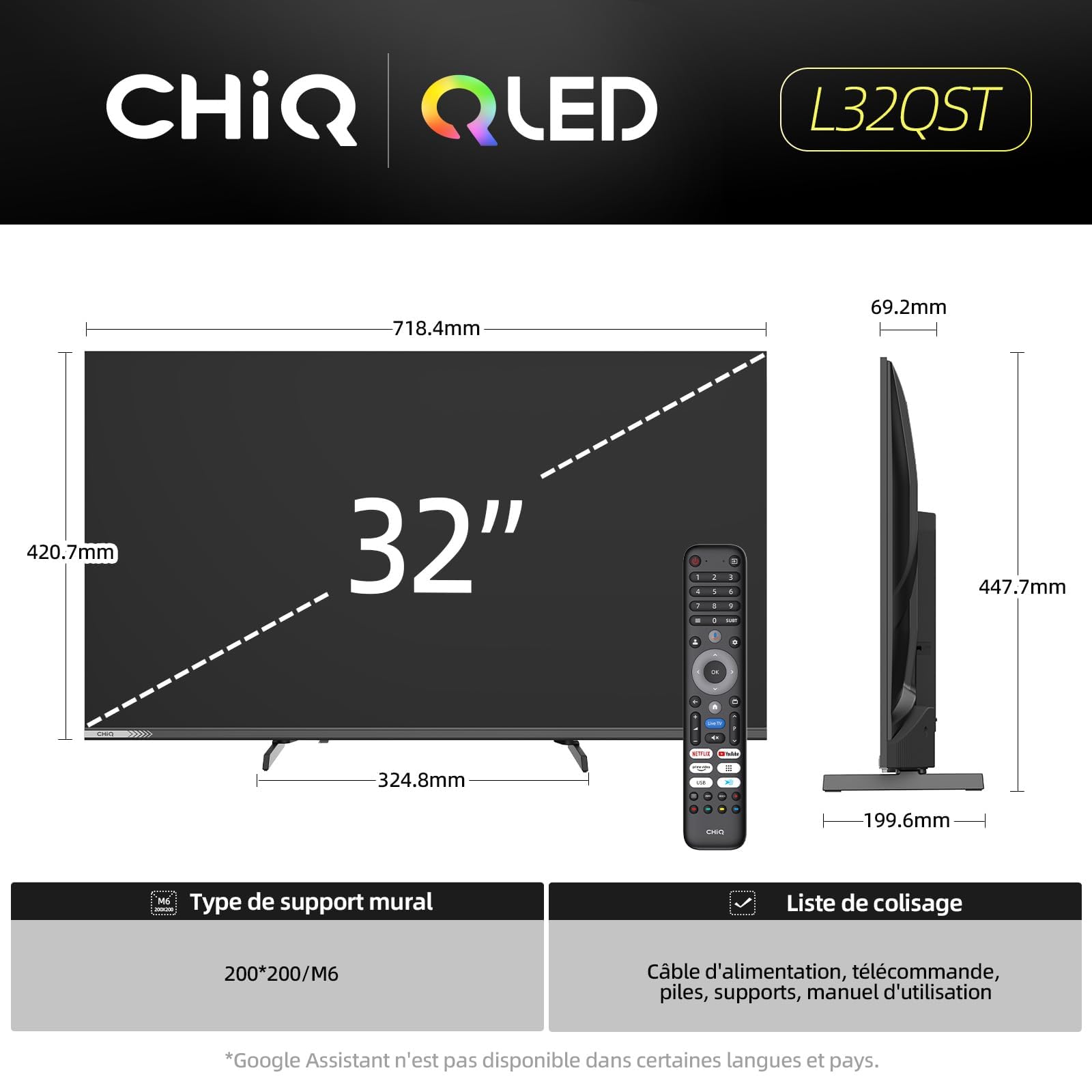 CHiQ TV 32 Pouces FHD QLED Google TV HDR10 (L32QST) | Compatible avec Apple AirPlay, Dolby Audio, Commande Vocale, Triple Tuner DVB-C/T2/S2