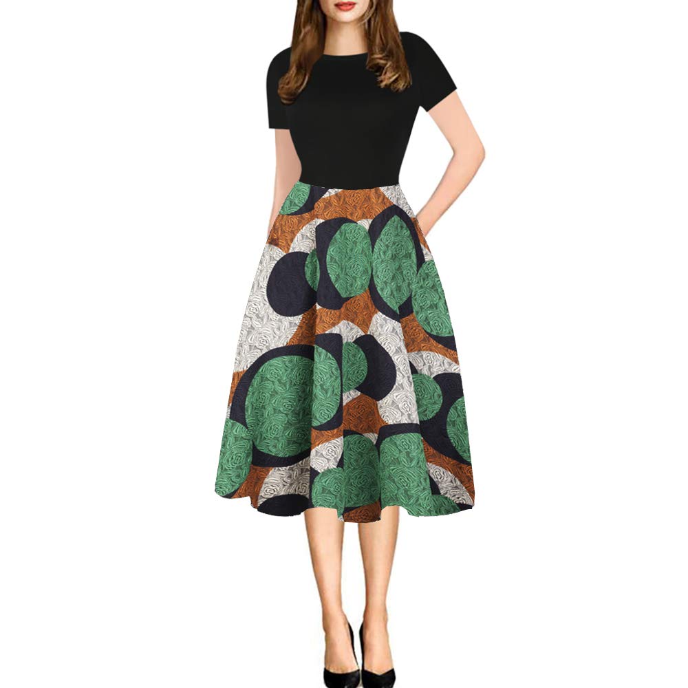 Women's Pocket Vintage Patchwork Flowers Casual Party Flared Dress