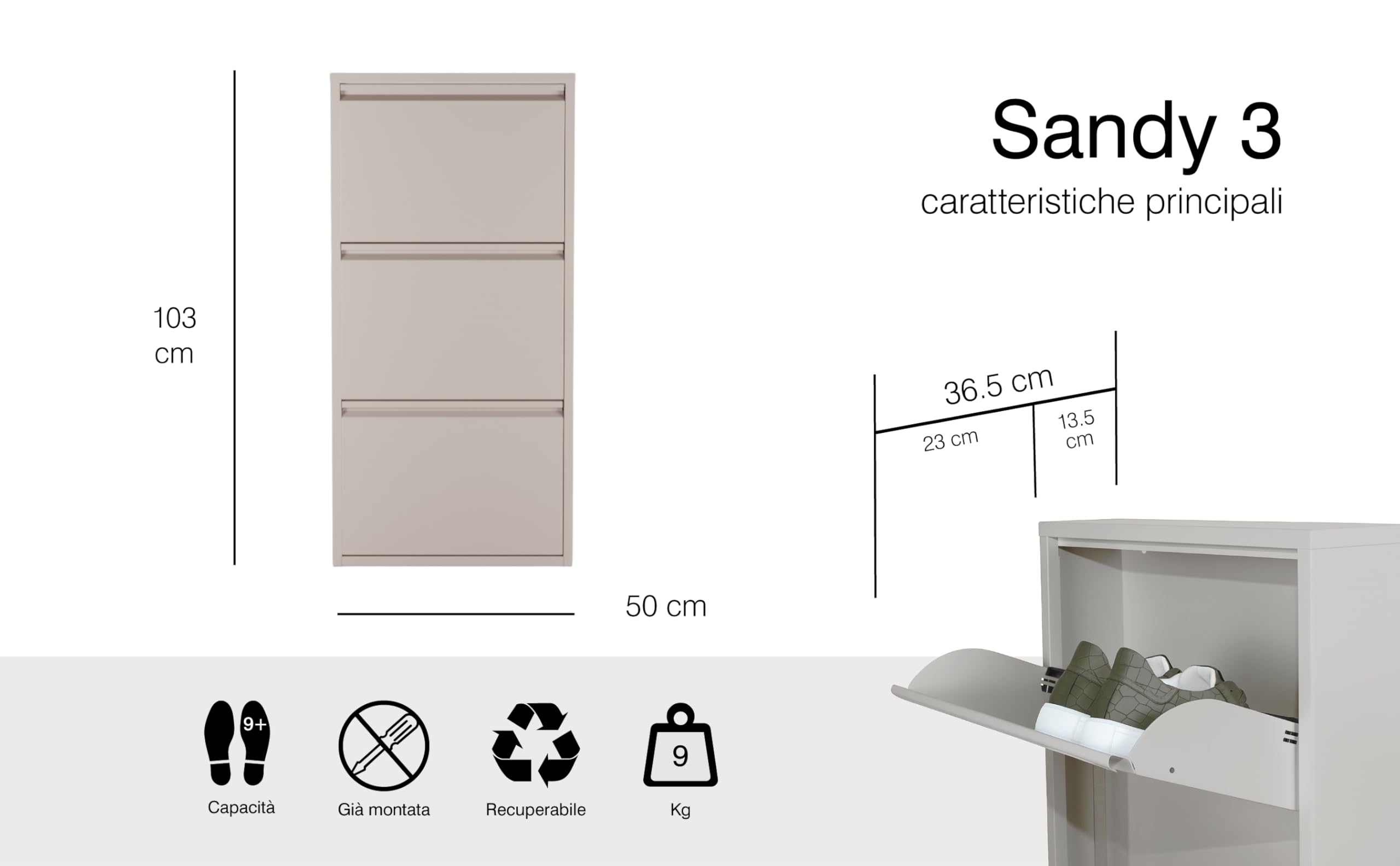 Scarpiera Salvaspazio Slim 3 Ante Tortora, Portascarpe a Ribalta in Metallo | Già Montata, Interni/Esterni, P13,5 x L50 x H103 cm
