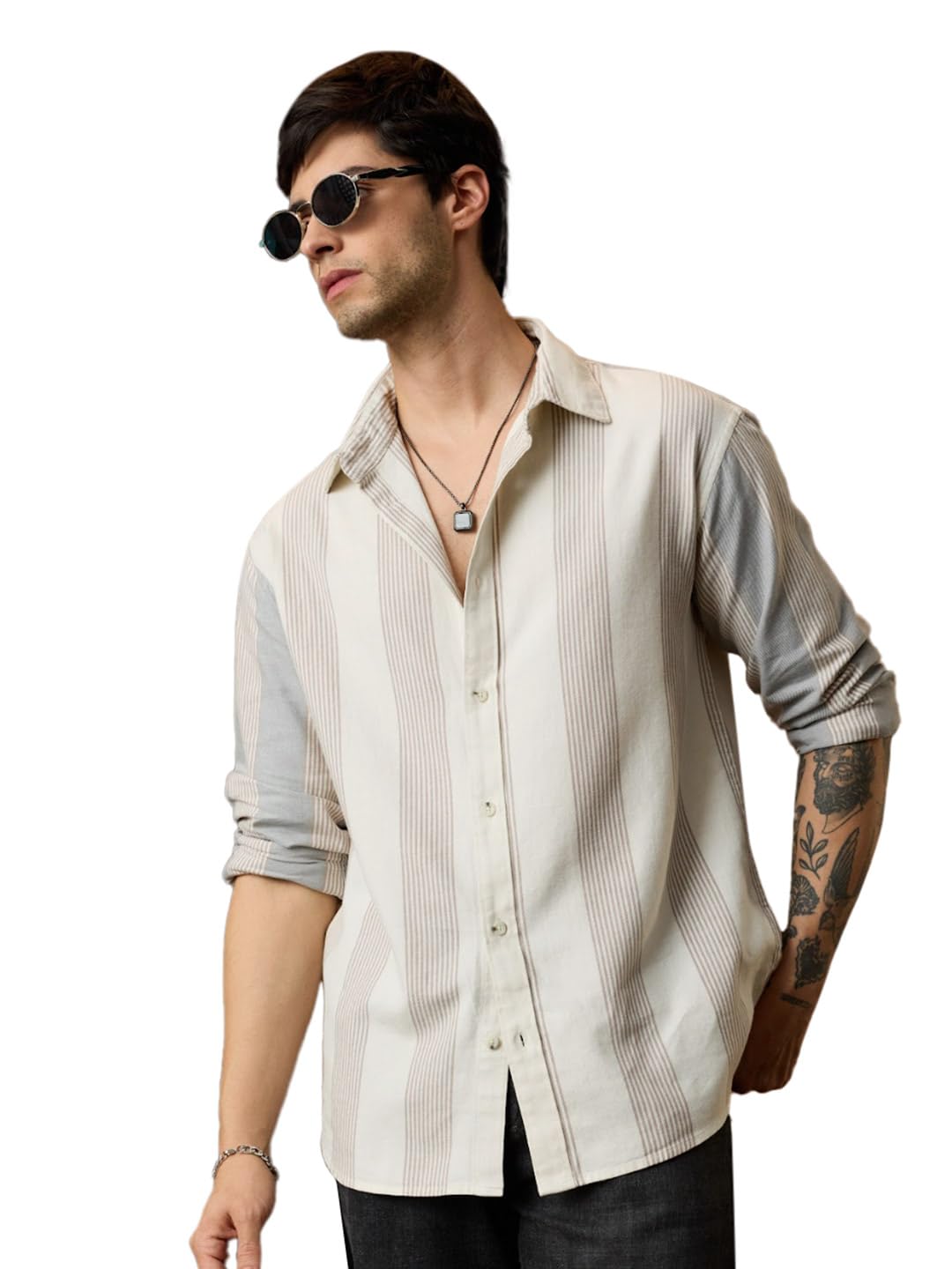 the souled store Monotone Men and Boys Long Sleeve Spread Collar Off-White Striped Casual Lightweight Drop Shoulder Streetwear Trendy Cotton Oversized Shirt-picture-23