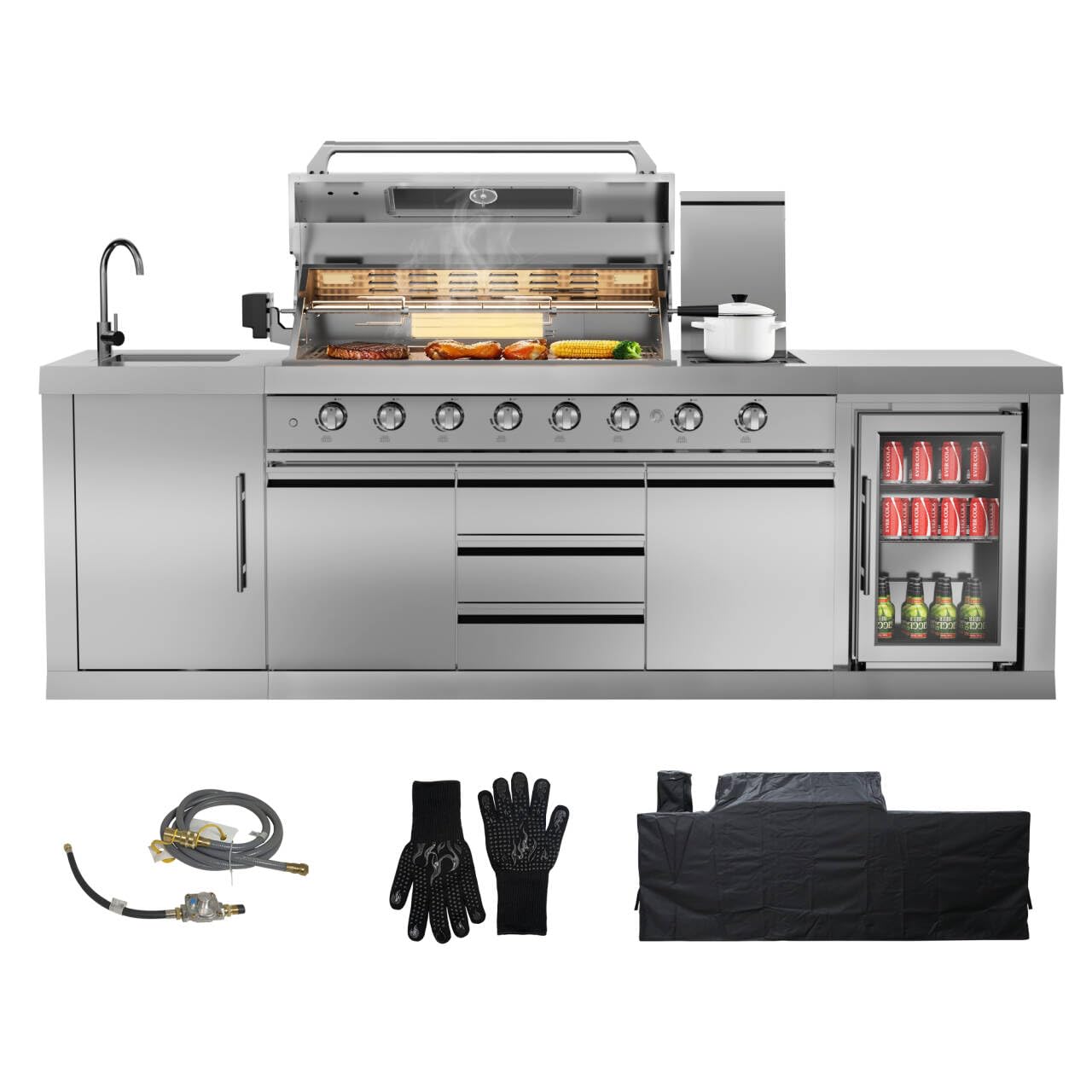 CT Copper Tailor 6-burner outdoor kitchen island with sink and fridge module