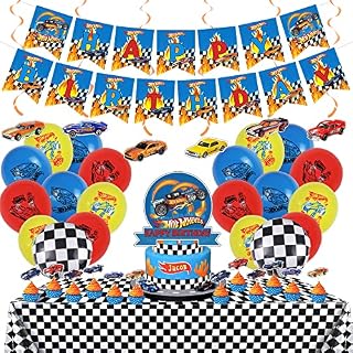 Hot Wheels Birthday Party Supplies,Hot Wheels Party Decorations Included Banner, Tablecloth, Hanging Swirls, Cake Topper, Cupcake Toppers, Balloons for kids Birthday Party Decoration