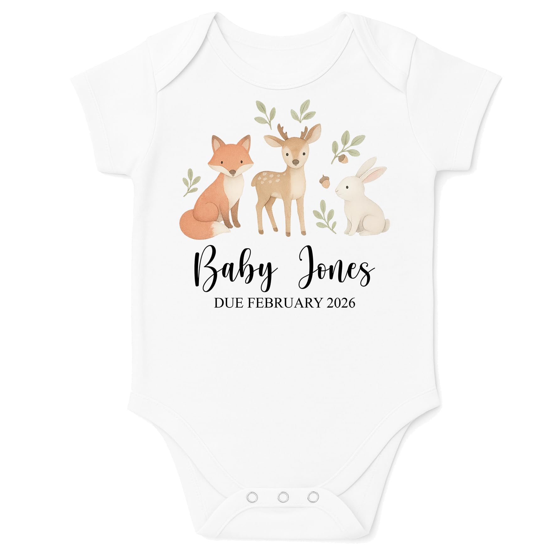 Personalised Baby Pregnancy Announcement Bodysuit Vest (Baby Woodland Animals, 0-3 Months)