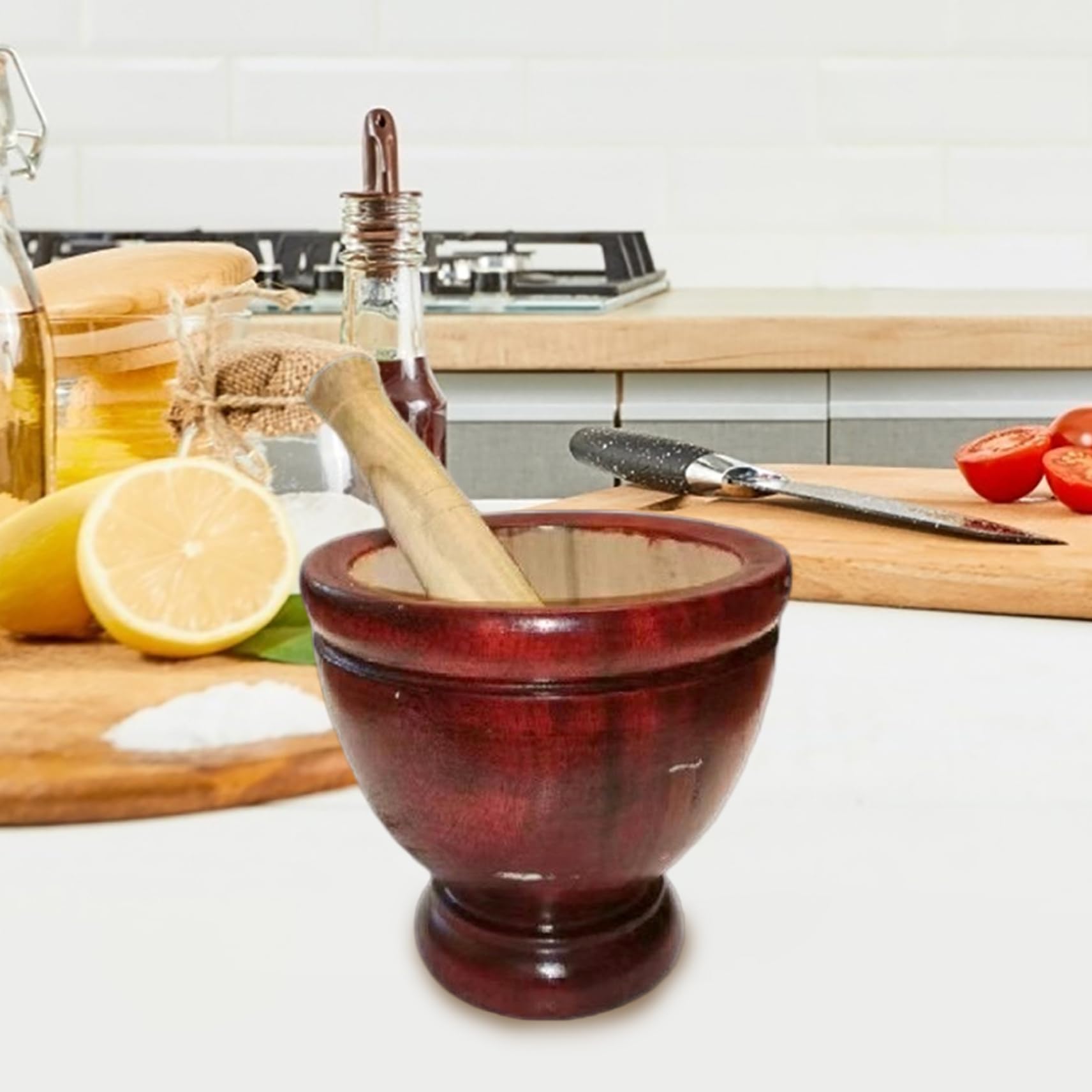 Mortero y Maja de Madera, Juego de mortero y Maja de Madera Natrua Manual Seguro de 6 Pulgadas, Herramienta de Cocina tailandesa para moler Hierbas, ajo, Ensalada de Papaya