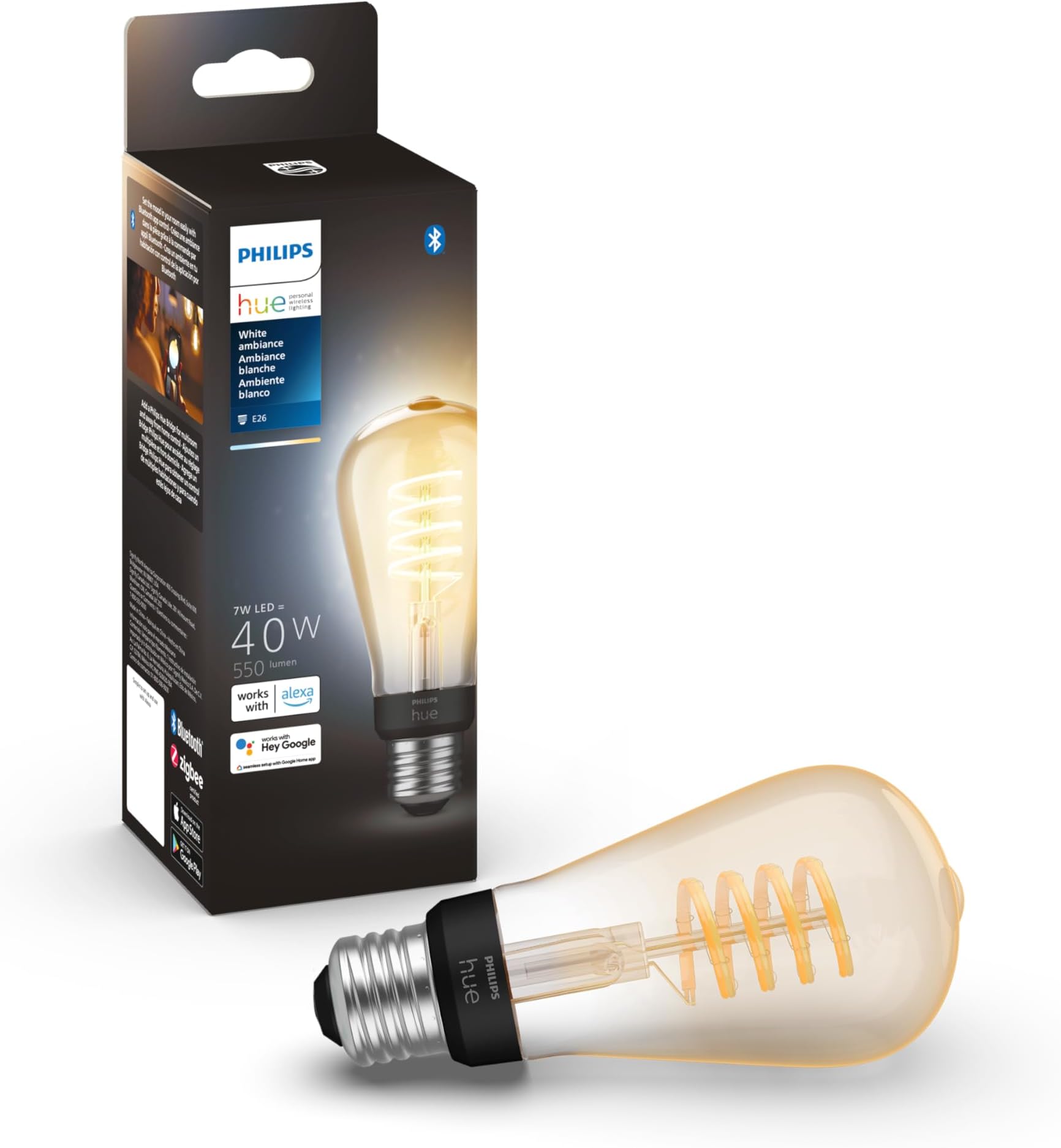 7W ST19 White Ambiance LED Smart Vintage Edison Filament Bulb, Warm - Pack of 1 - E26 - Control with App - Compatible with Alexa, Google Assistant and Apple HomeKit