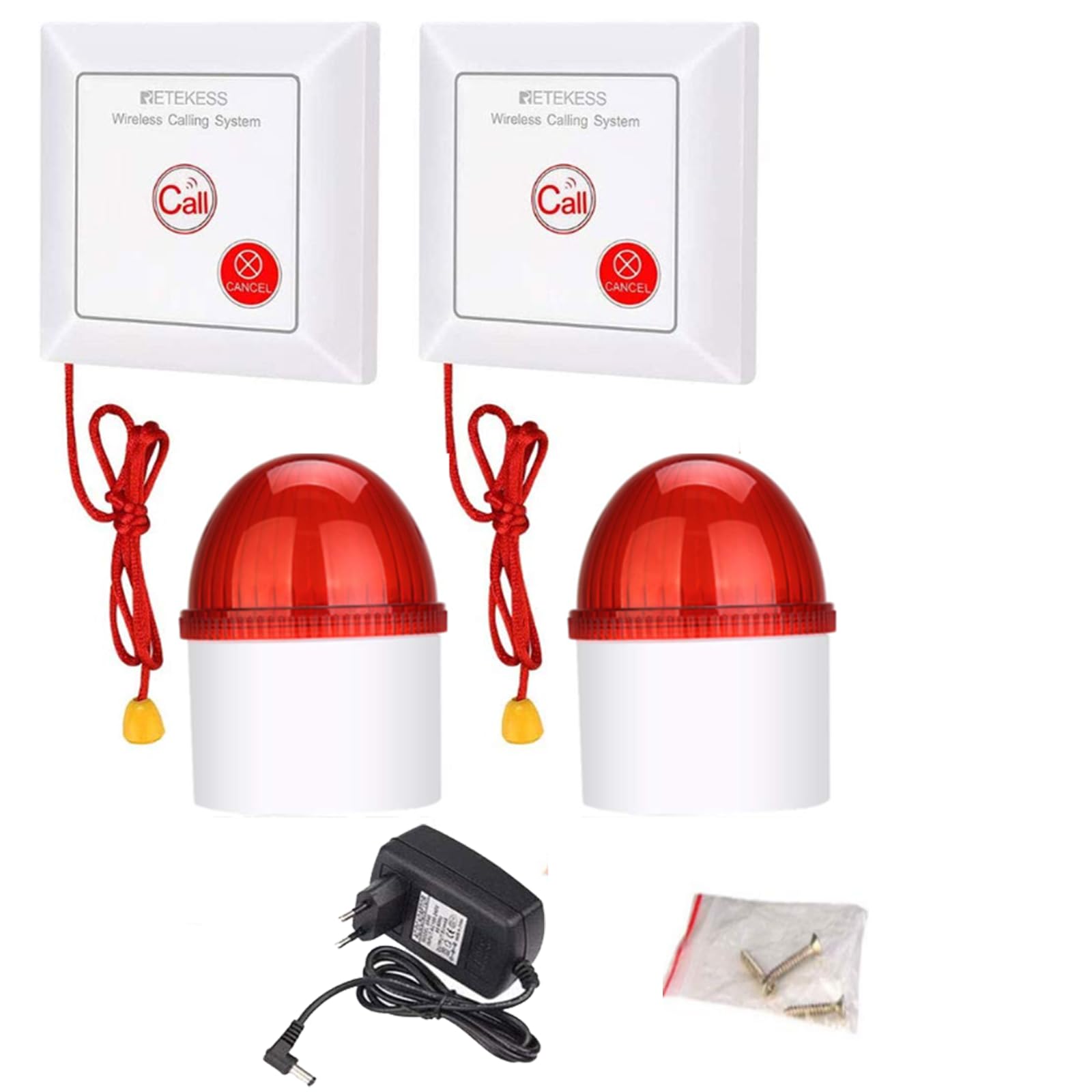 Retekess TH103 Alarmsystem, 3 LED Blitz Sicherheitsalarm, 110 dB Lärm, Anrufsystem mit Zugseil für Lager, Einkaufszentrum, Schule, Fabrik (2 Tasten + 2 Empfänger)