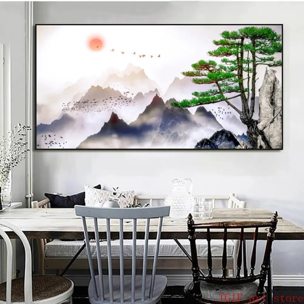 LTjiajuypd Canvas Prints Painting Japanese Style Foggy Mountain Art Minimalist Landscape Sunrise Bird Pine Tree Picture Home Decor(70X140cm)
