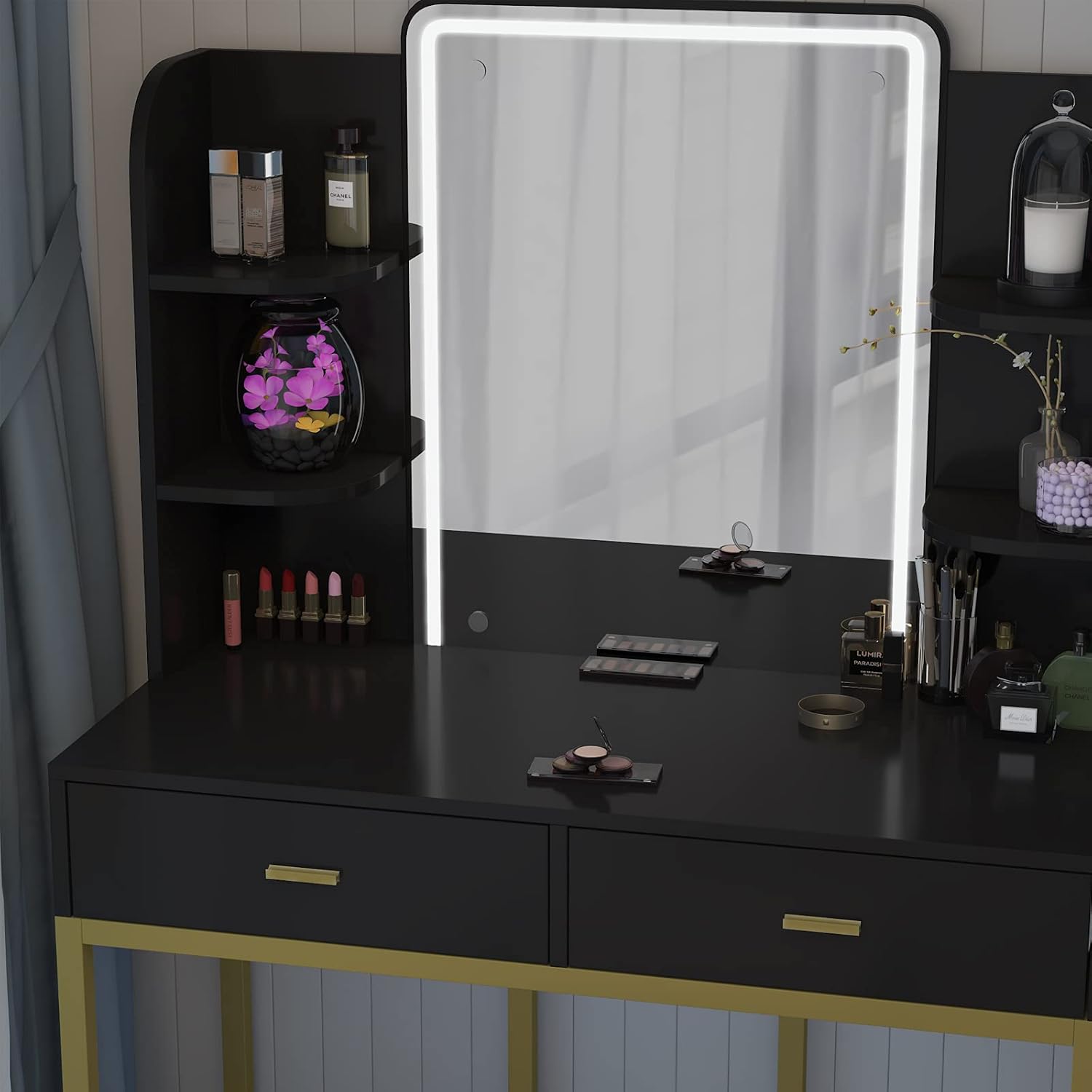 CABINAHOME Vanity Set with Lighted Mirror, Makeup Vanity Dressing Table with LED Lights, Storage Shelves, Cushioned Stool & 2 Drawers, Dresser Desk for Bedroom, Black : Everything Else