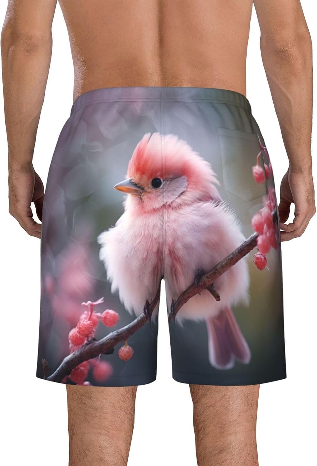 Fresh Pink Bird Print Mens Casual Shorts Drawstring Summer Beach Stretch Shorts Novelty Swimtrunks