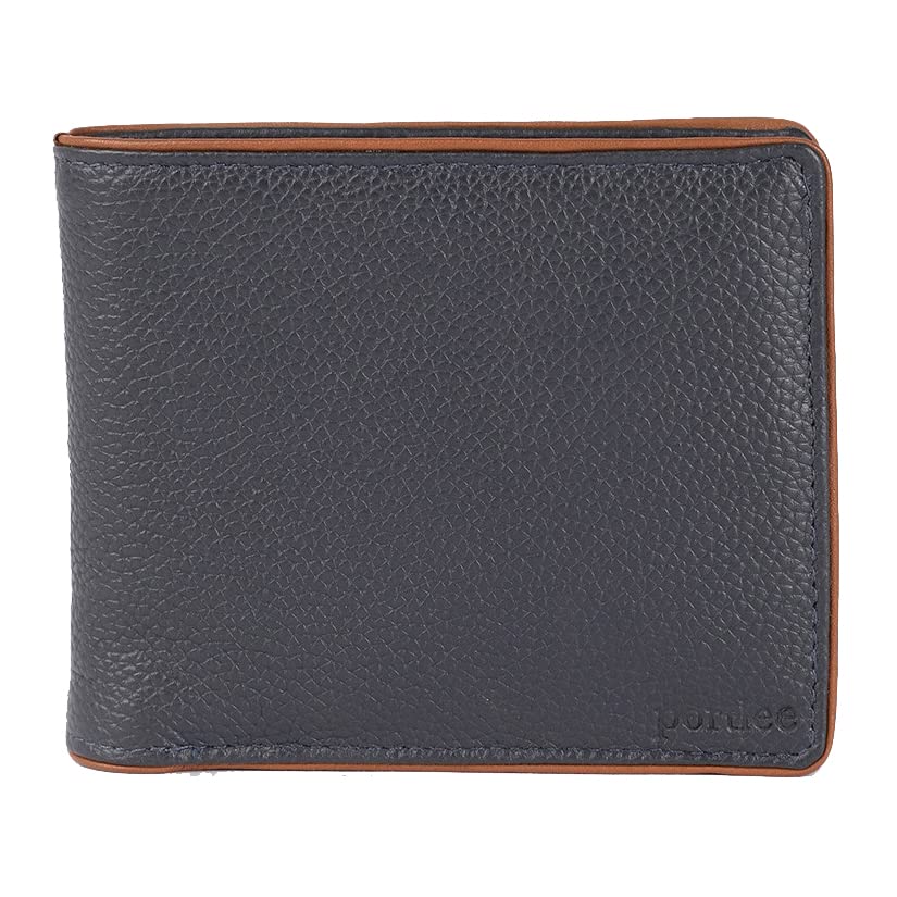 Portlee Leather Stylish RFID Blocking Credit Card Holder Branded Bifold Wallets for Men with Gift Box, Blue (Tan Border)