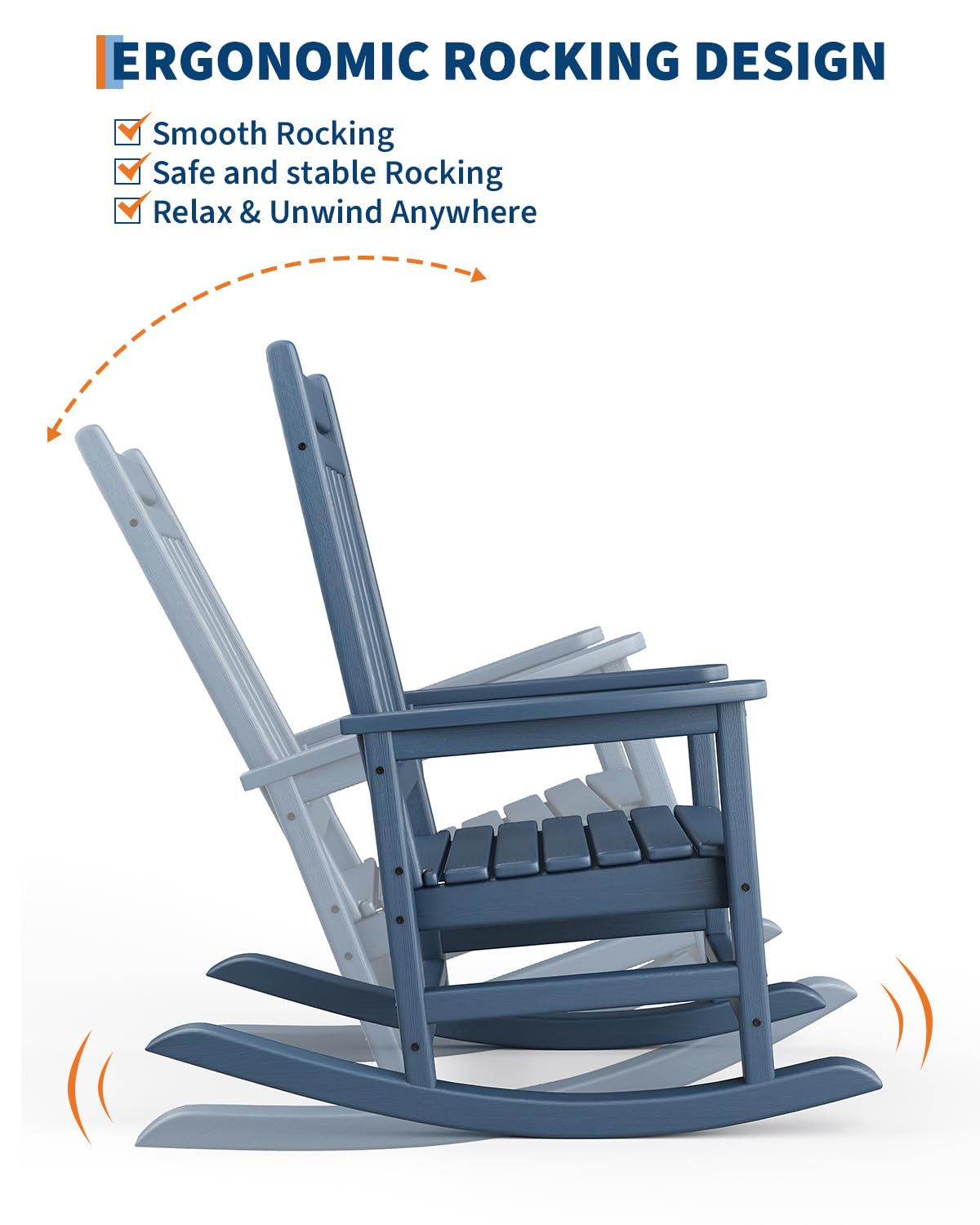 GarveeTech Silla Mecedora de HDPE para Jardín y Exteriores - Respaldo Alto, Estilo Adirondack, Resistente a Todo Clima, Diseño Ergonómico, Imitación Madera Ideal para Patio, Porche o Terraza - Azul