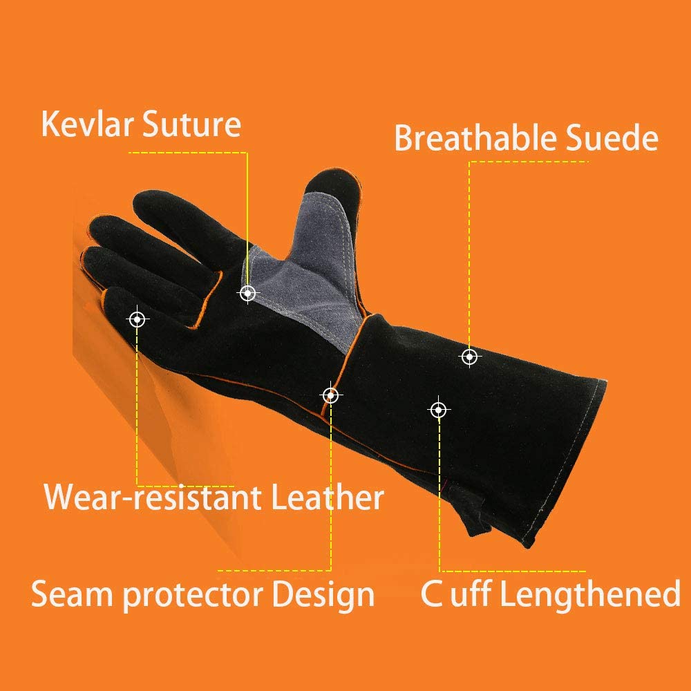 YOUYA Guantes de cuero extremadamente resistentes al calor y al fuego con costuras de Kevlar, perfectos para chimenea, estufa, horno, parrilla, soldadura, barbacoa, mig, soporte para ollas, manejo de