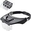 Headband Magnifier with 2 LED Light,Handsfree Headset Loupe Head Mounted Magnifying Glasses with 4 Detachable Lenses for Reading,Electronic Repair,Jewelry,Sewing,Crafts,Watch Black