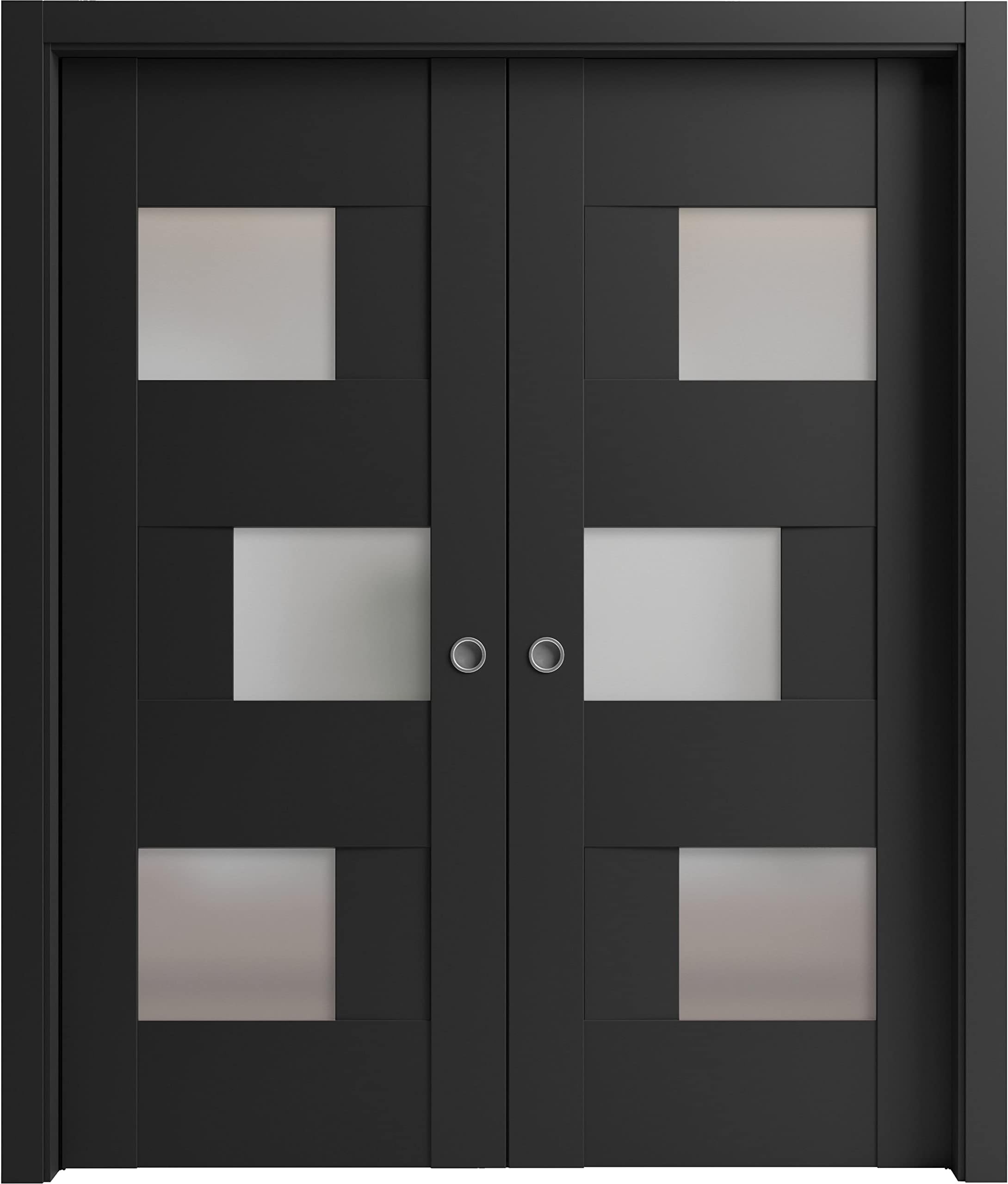 Sliding French Double Pocket Doors 72 x 80 inches | Sete 6933 Matte Black with Frosted Glass | Kit Trims Rail Hardware | Solid Wood Interior Bedroom Sturdy Doors