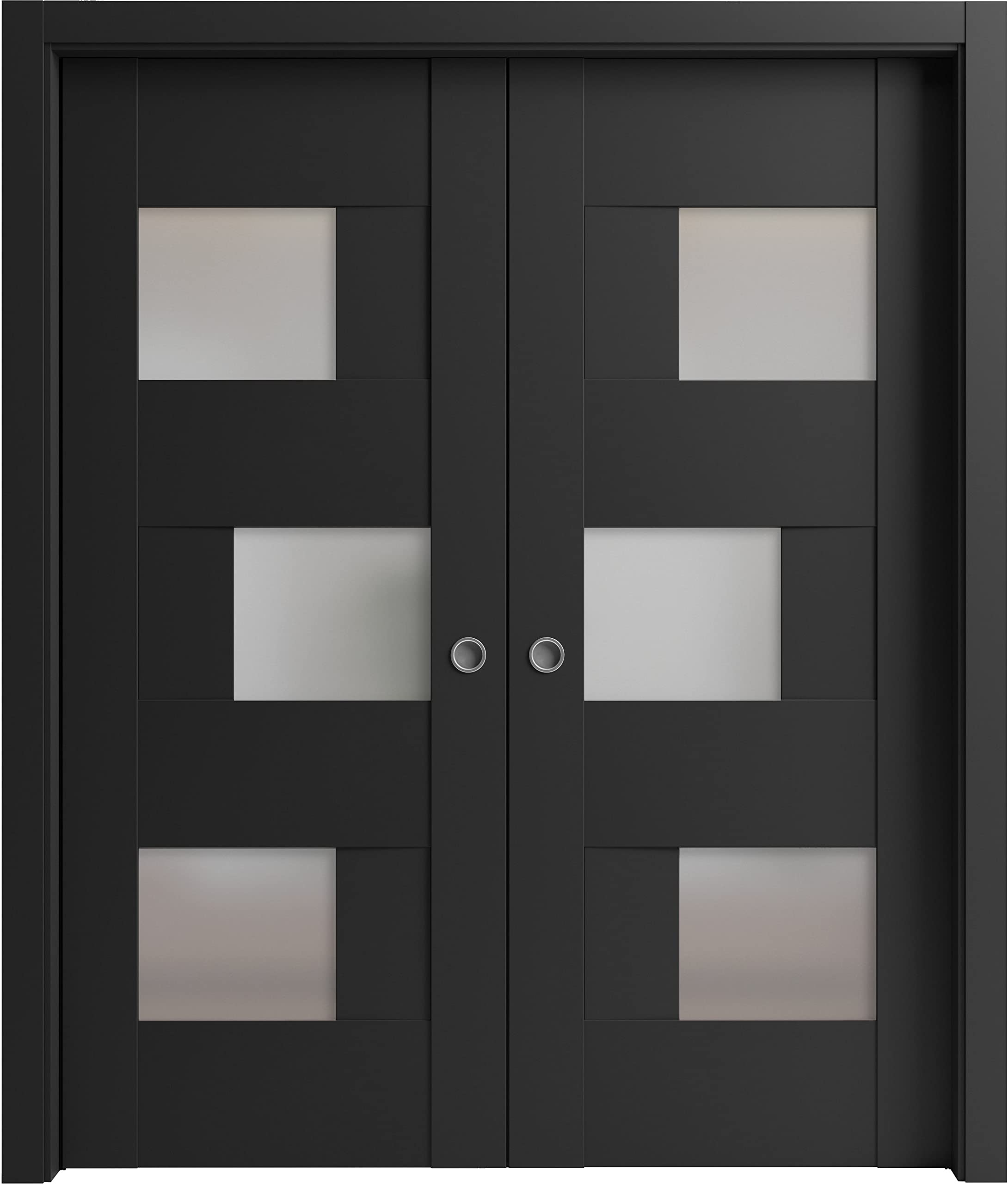 Sliding French Double Pocket Doors 72 x 80 inches | Sete 6933 Matte Black with Frosted Glass | Kit Trims Rail Hardware | Solid Wood Interior Bedroom Sturdy Doors