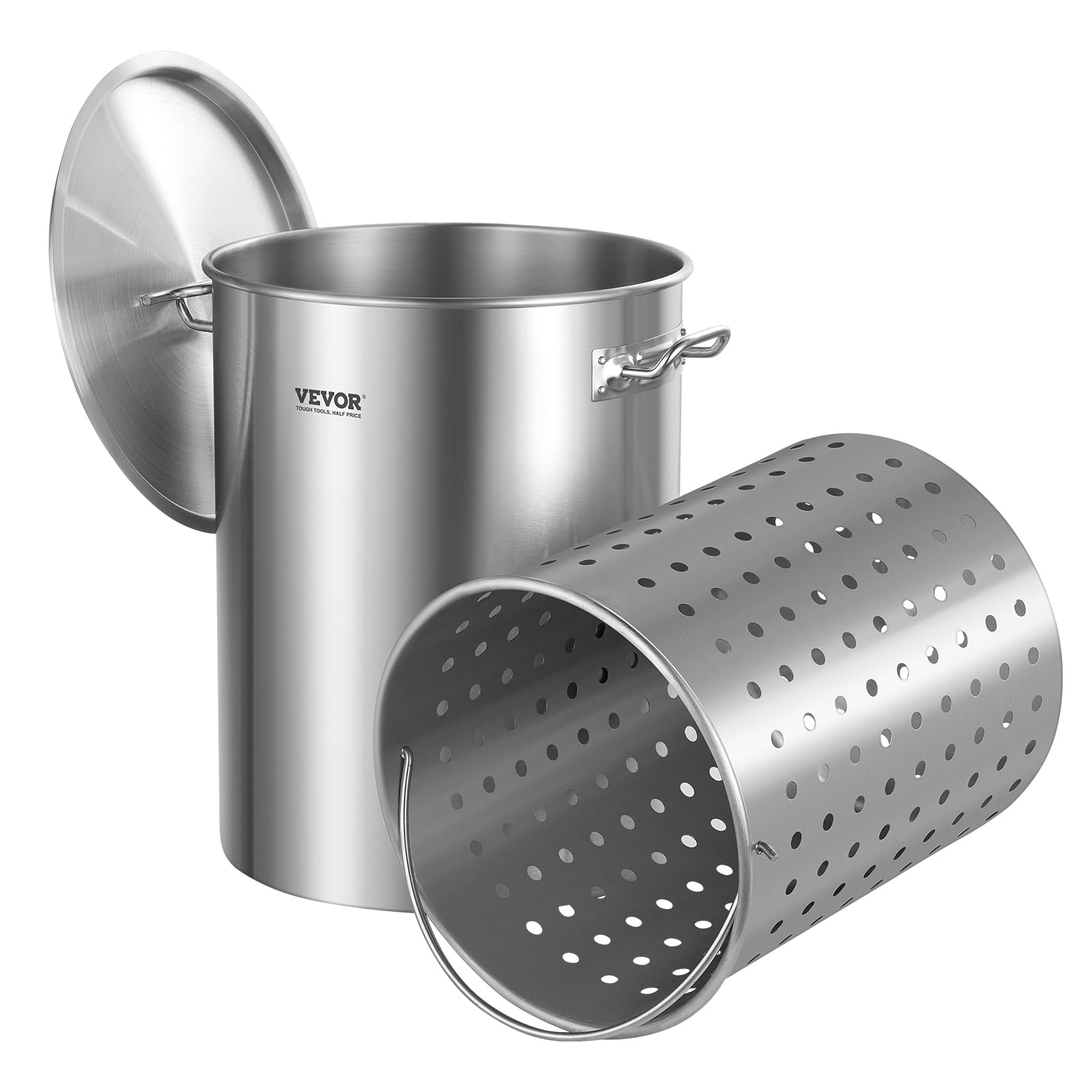 VEVOR Olla de Acero Inoxidable para Cocinar 34 L, Olla para Salsa con Canasta, Tapa y Asa, Comercial Resistente, Tratamiento de Lijado, para Cocinar al Vapor, Hervir o Freír, 315 x 420 mm