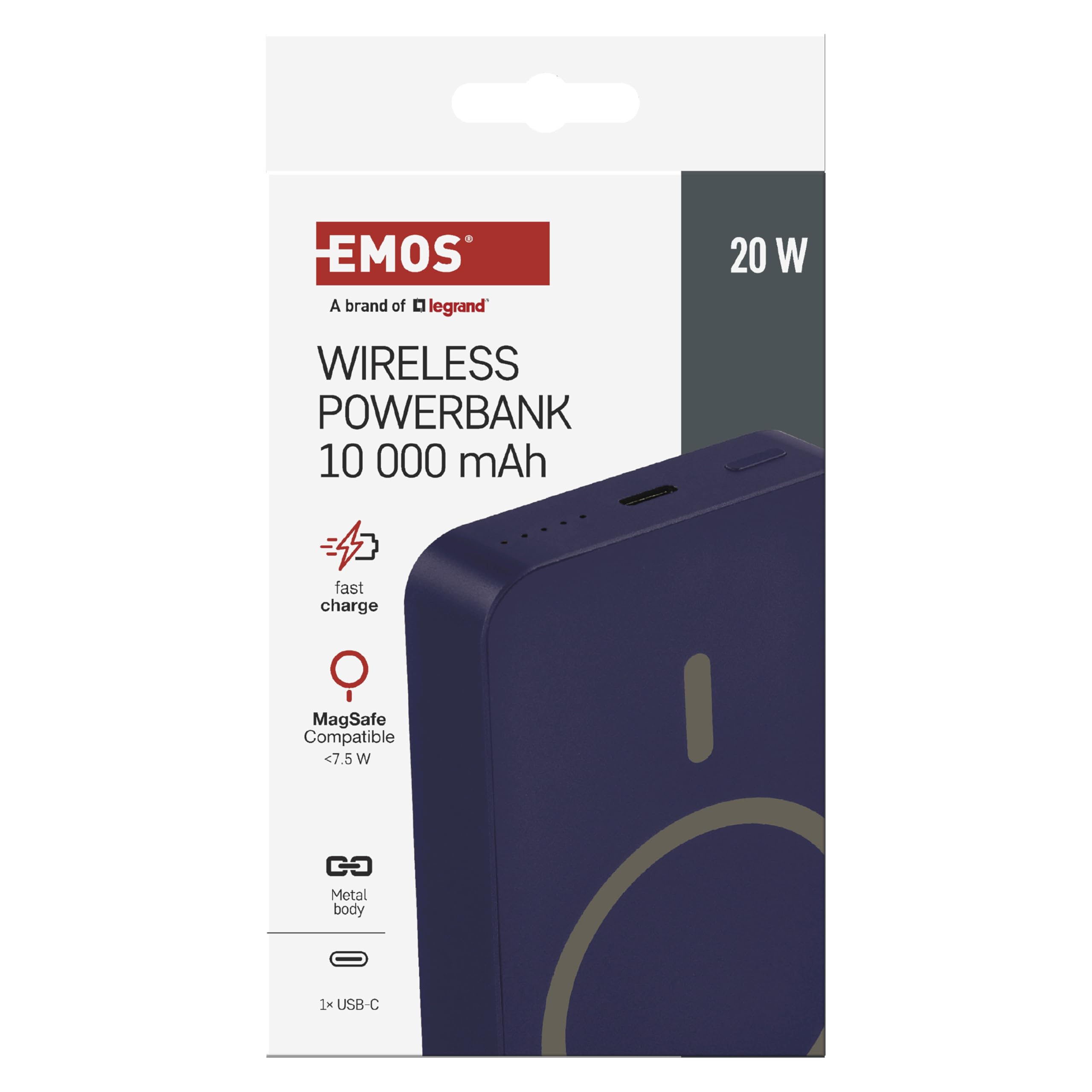 EMOS - Powerbank 10 000 mAh WI 1046 z magnesem - magnetyczny zewnętrzny akumulator z funkcją przejścia i bezprzewodowym ładowaniem - wyjście USB C z kablem USB do transmisji danych - do iPhone'a,