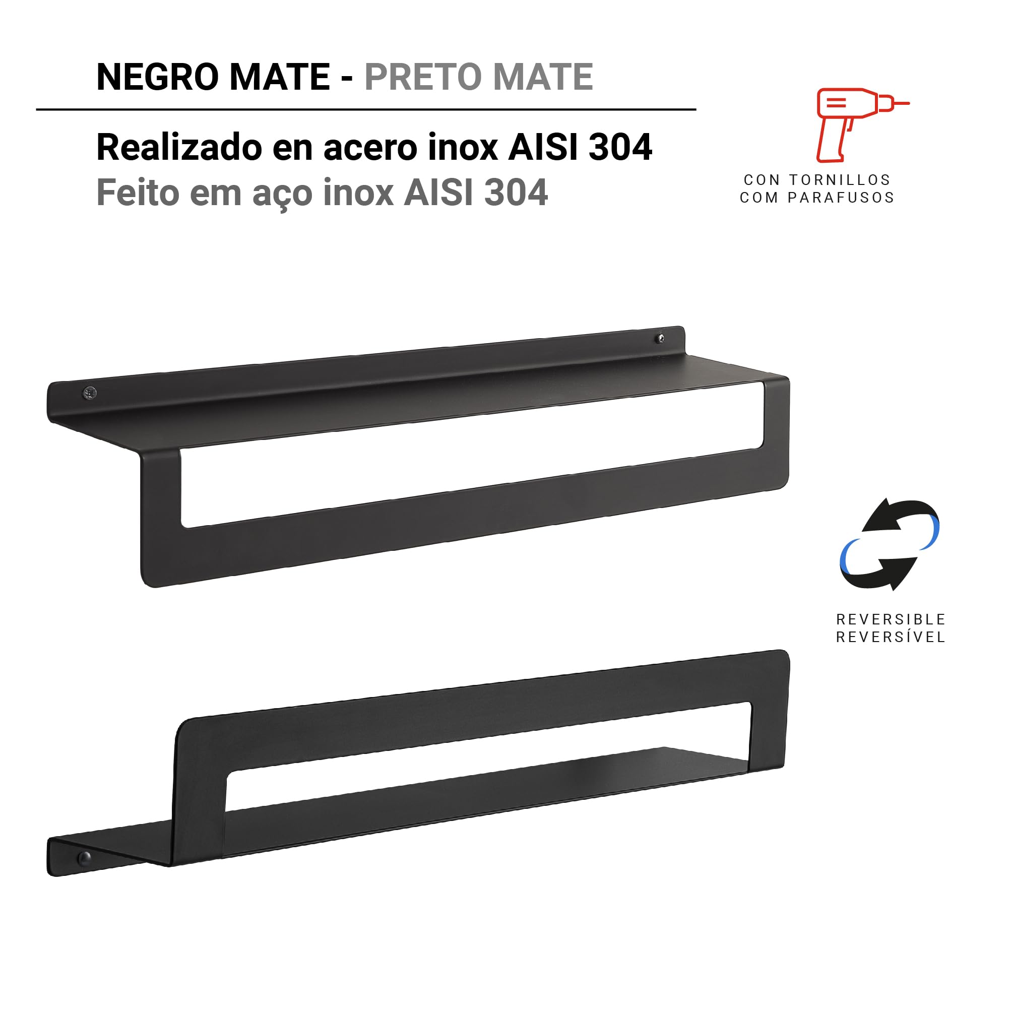Gedy Cleo Estante baño Doble función, Estante Ducha, repisa para baño, toallero baño, toallero Pared, Negro Mate, Acero Inoxidable AISI 304, 50 x 10 x 9,5 cm, Impermeable