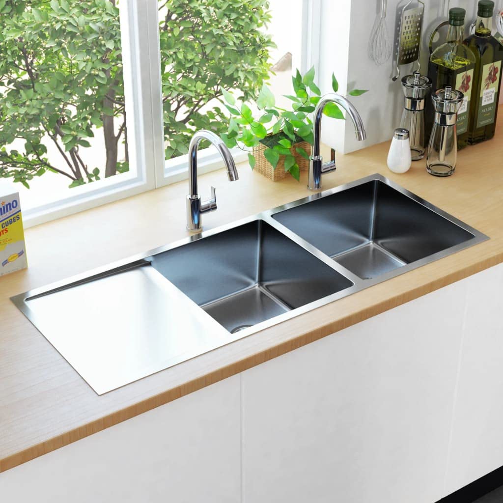 vidaXL Fregadero Cocina Hecho a Mano con Colador Doble Seno Grado Alimentario Diseño de 2 Seno Extraprofundo Flujo Rápido Acero Inoxidable