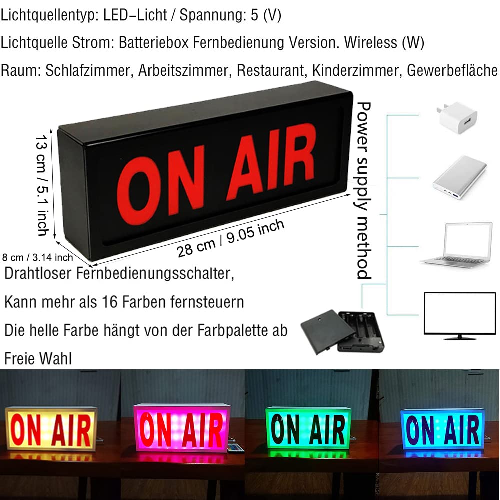ON AIR - Panneau lumineux LED à suspendre au mur - Alimenté par piles ou USB - Avec télécommande, crochets, nombreux modes d'éclairage - Pour studio d'enregistrement, bureau à domicile, podcast en
