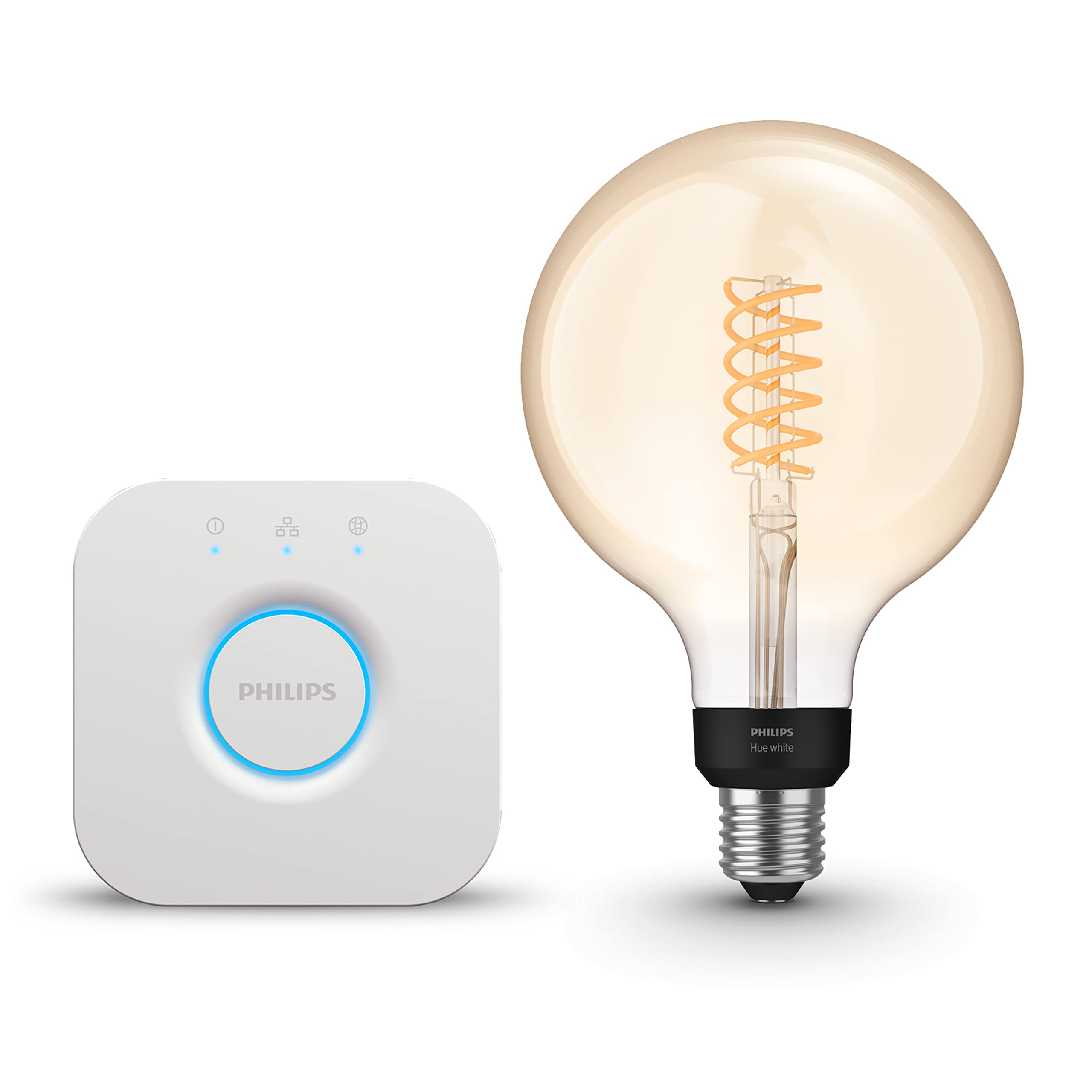 Philips Hue Starterpaket - E27 - mit 1 Filament Edison Glühbirne Groß (ST72) - Warmweißes Licht - inkl. 1 Hue Bridge - Hue White Filament