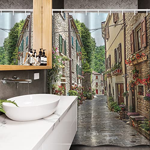 Ambesonne Wanderlust Stall Shower Curtain, Narrow Old Street Flowers In Italy Medieval Historic Buildings, Fabric Bathroom Decor Set With Hooks, 54" W X 78" L, Beige Umber #TOP2