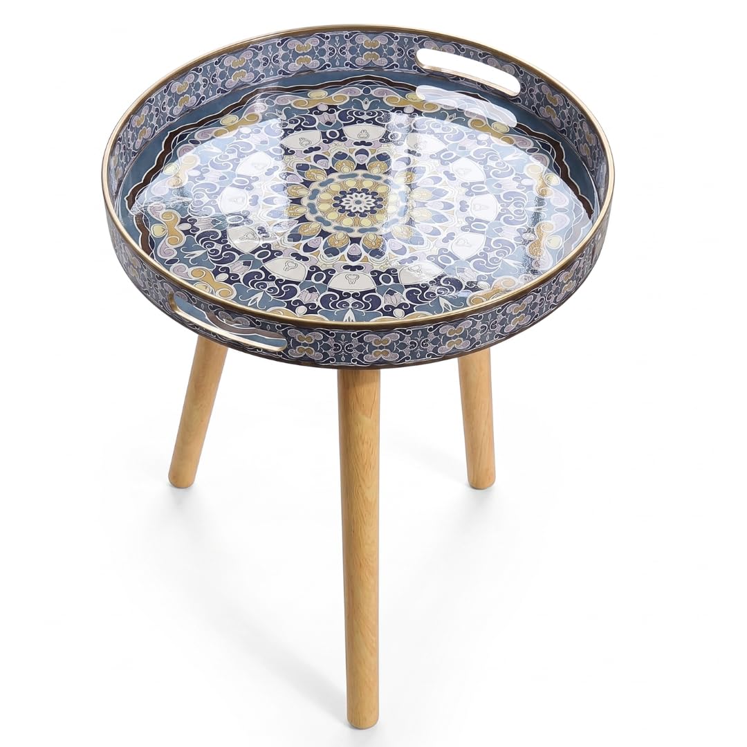 Heaven4you Round Side Table 38cm Mandala Boho Moroccan Wooden Legs Small — image 1