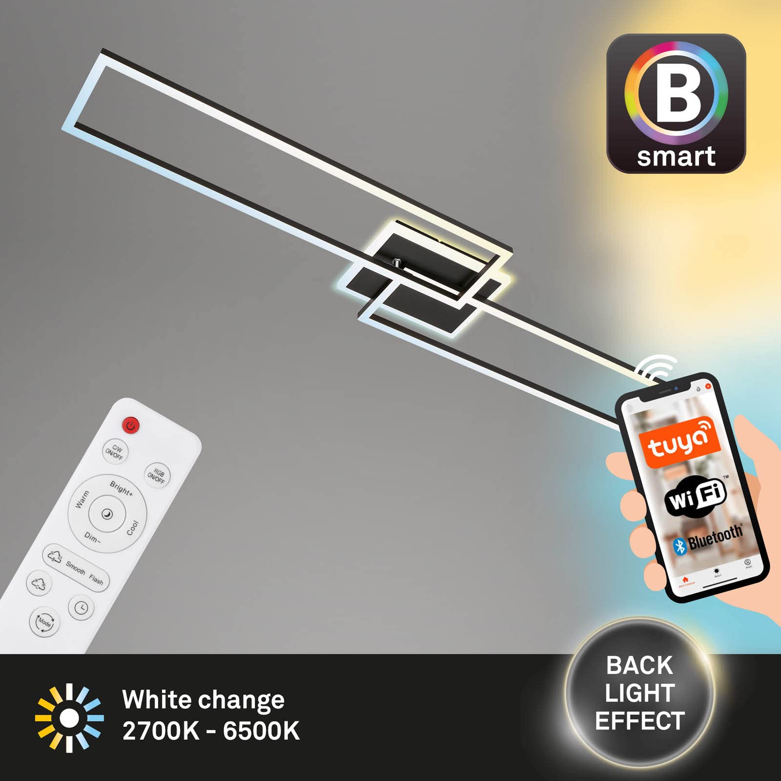 BRILONER - LED Deckenlampe Smart Home, funktioniert mit Alexa, Fernbedienung, LED Lampe, Deckenleuchte, Wohnzimmerlampe, Schlafzimmerlampe, Deckenbeleuchtung, 110x24,8x7,8 cm, Schwarz
