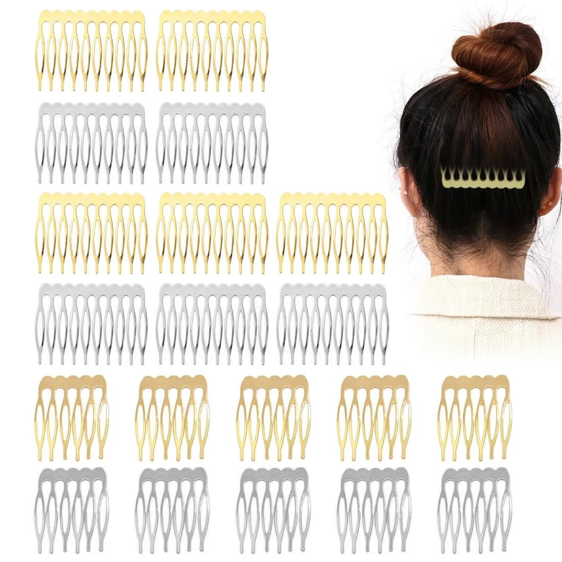 20 Pezzi Pettini Laterali in Metallo 10 & 6 Denti, pettinini per Velo, Lato per Capelli per Capelli da Donna Francese con Denti per Accessori per Capelli con Clip per Chignon Argentato & Oro