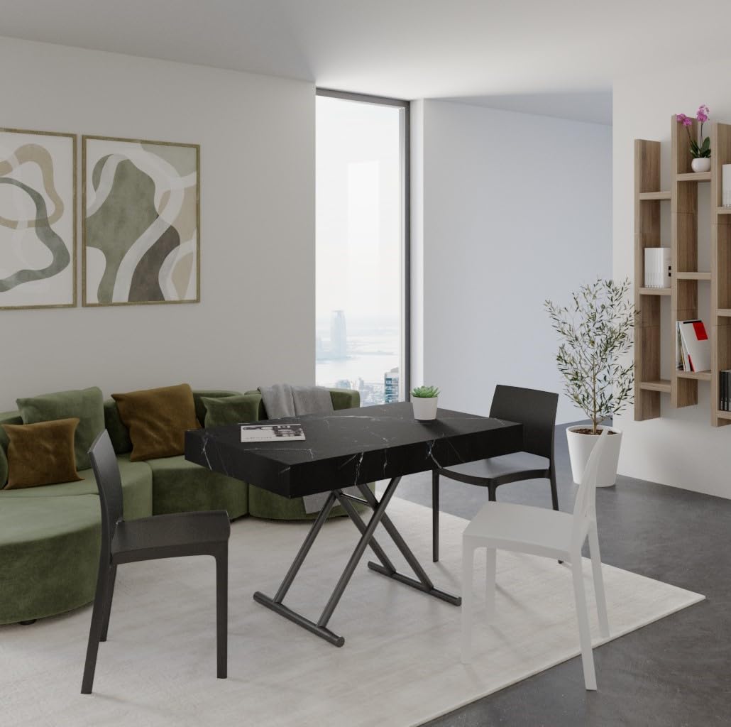 VE.CA - MILTON - Tavolo trasformabile salvaspazio- Meccanismo saliscendi con regolazione dell'altezza - Ideale come tavolino salotto, tavolo da pranzo - Marmo Nero - Made in Italy