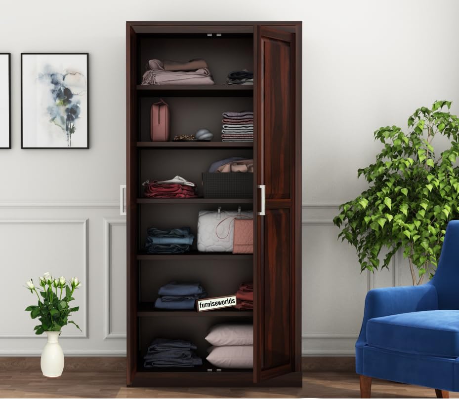Image of Sheesham Wood Wardrobe with 2 Door and 6 Shelves Storage for Bedroom Wooden Almirah for Clothes for Living Room Bedroom Home, Solid Wood Furniture (Walnut Finish)