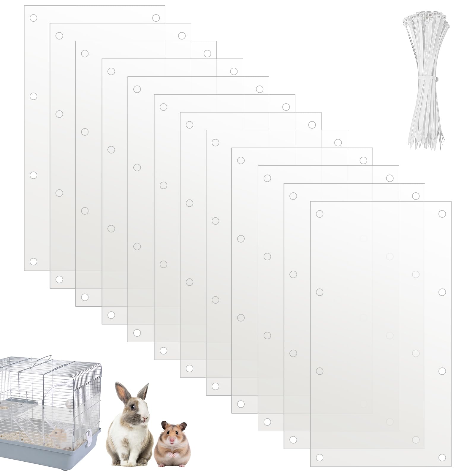 ZONJIE 12Pcs Pet Cage Liner Protection 35.5 * 11.5cm Clear Edge Guard, Bunny Cage Urine Guard, Plastic Cage Liner Protection with 100PCS Ties, Small Animal Cage Habitat Siding Guard