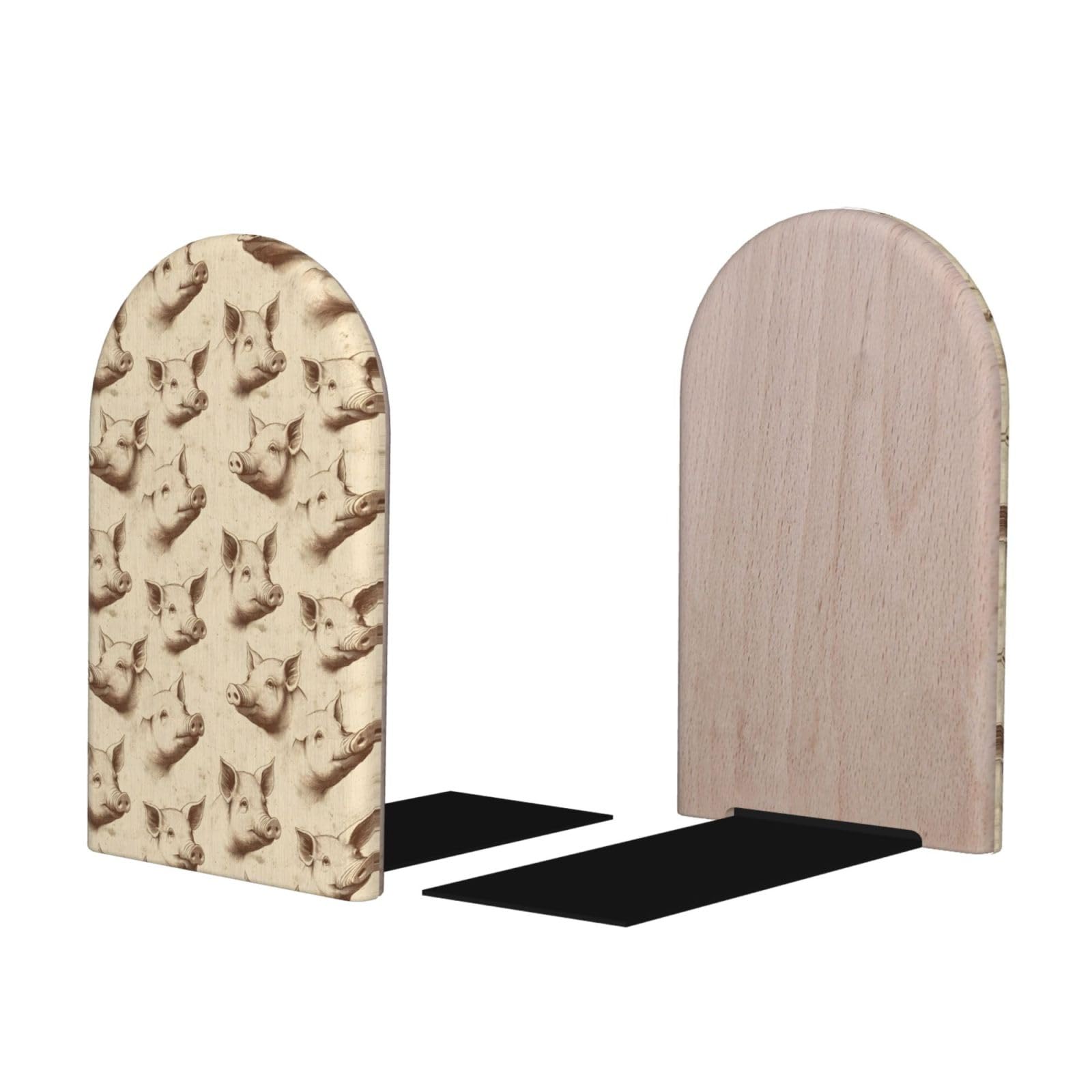 Sketch Pig Cute Print BookEnds 1 Pair, Decorative Bookends for Heavy Books, Wood Book Ends for Shelves, Book Organizer for Home Desk Office Supplies