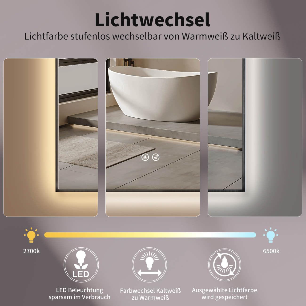 HOKO Antibeschlag LED Bogenspiegel 60x100 cm / 100x60 cm Fontana mit Schwarzer Metallrahmen, HOCH+QUER Montage. Arch Badspiegel+Touch Schalter+Licht Wechsel 2700-6500K, Warmweiß-Kaltweiß-Neutral
