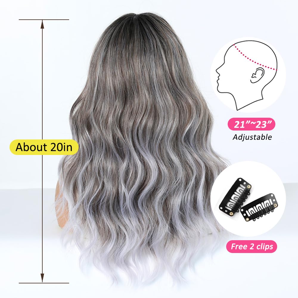 Parrucca ombré grigia per donne, parrucca lunga con frangia e capelli ondulati in fibra sintetica, resistente al calore, per uso quotidiano, feste e cosplay