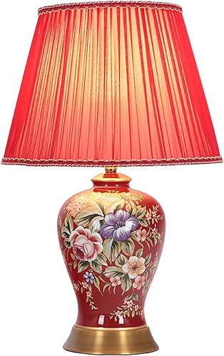 Miniatura 1 de PSXPSXO Lámparas de mesa de cerámica de flores pintadas a mano rojas de Chinoiserie lámparas de tela americana lámpara de mesita de noche para