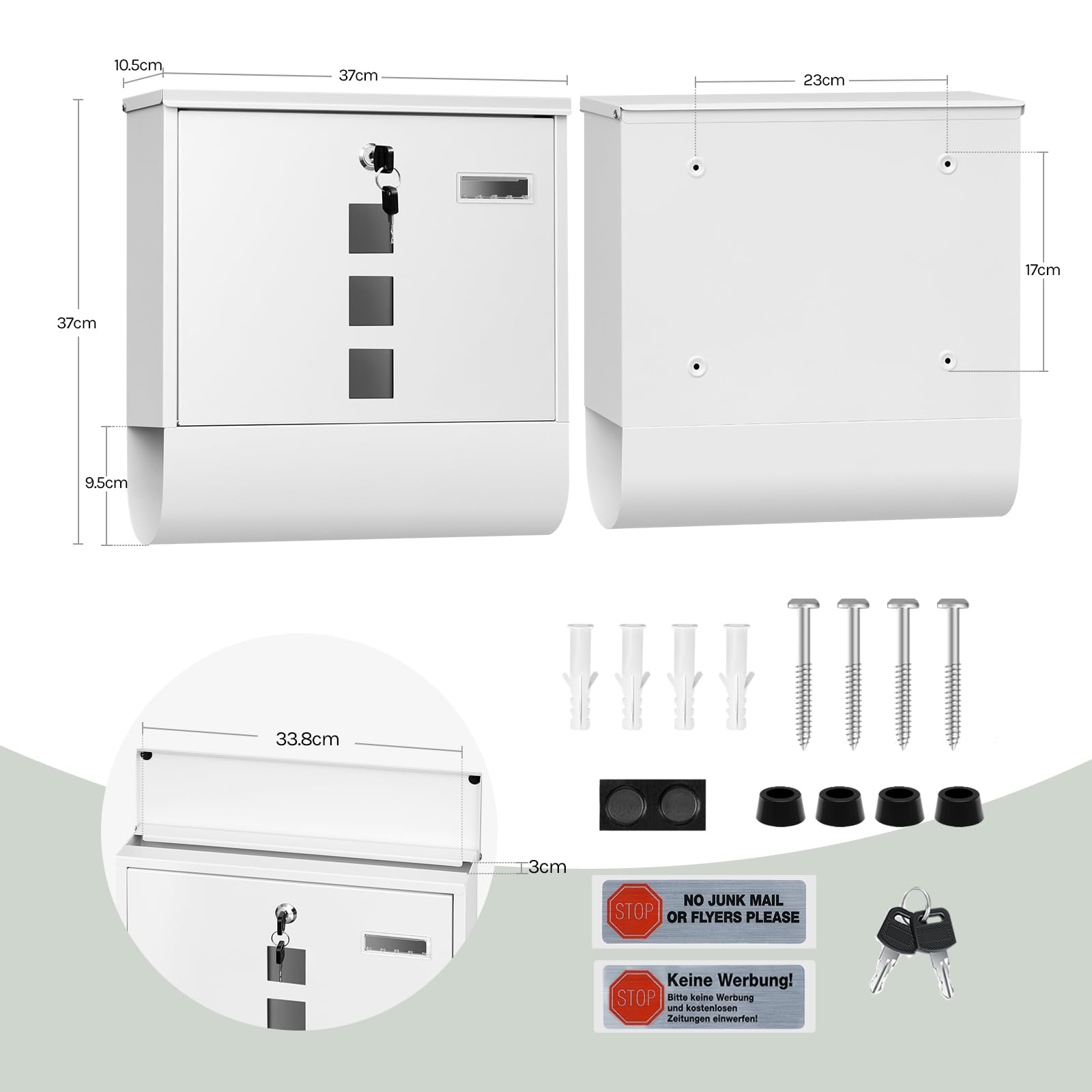 WOLTU Cassetta Postale, Cassetta Postale da Esterno con Finestre di Visualizzazione e Targhetta, Cassetta Lettere con Scomparto, Bianco, 37x10,5x37 cm