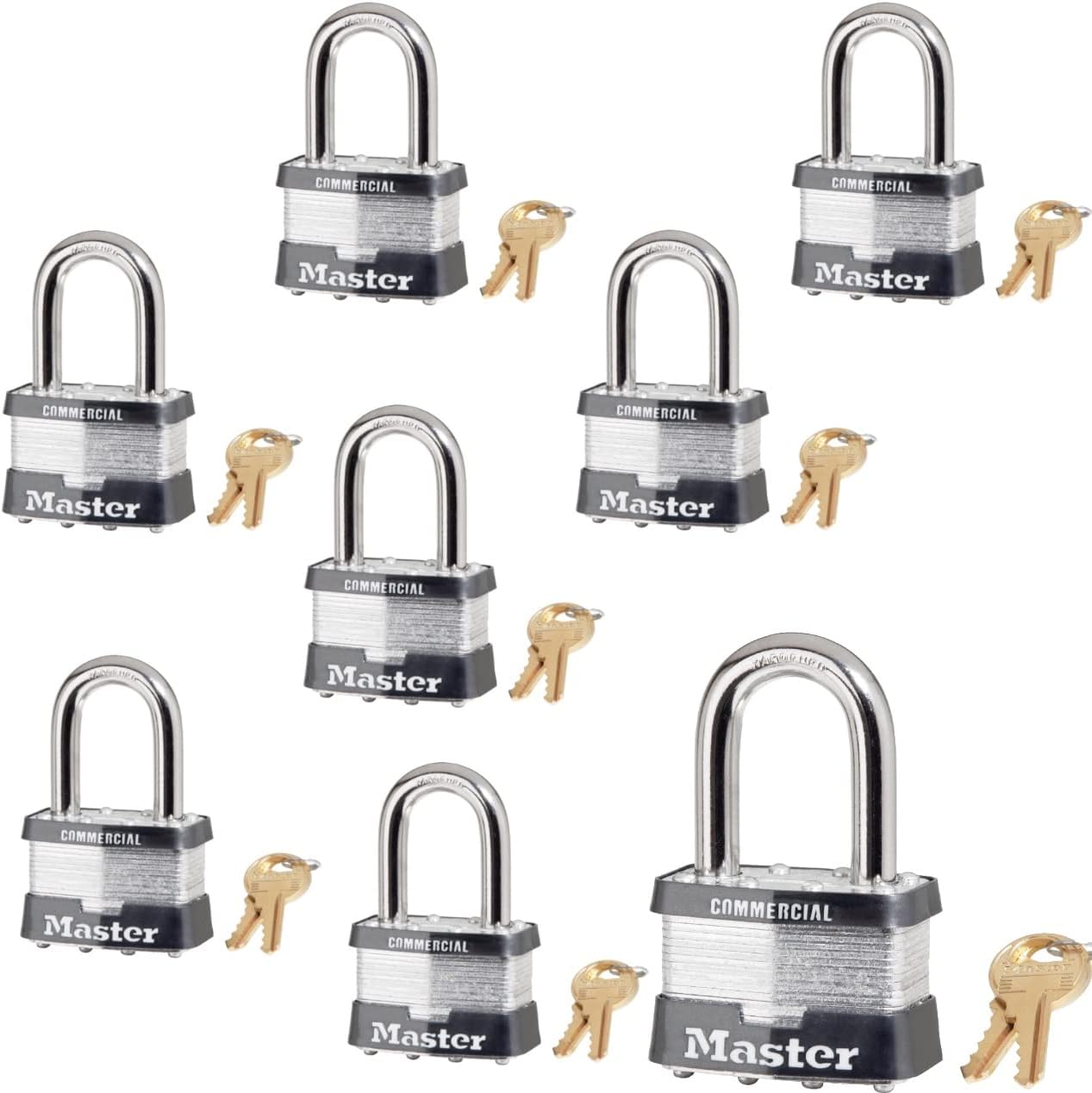 Master Lock Padlock - 2 W Body x 1.5 L Shackle, Eight (8) Keyed Alike Locks 5NKALF-8 w/Bump Stop Technology