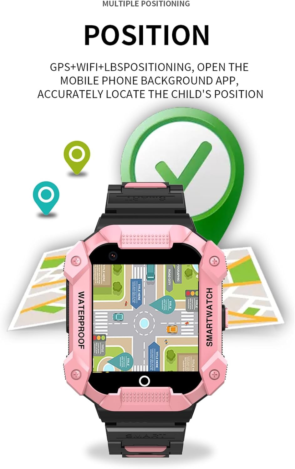 A PTHTECHUS Kids Smart Watch displaying a map with location pins, indicating its GPS and LBS positioning capabilities for accurate child tracking.