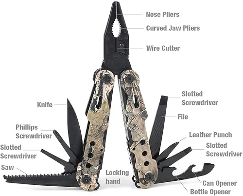 Miniatura 2 de MOSSY OAK Multiherramienta, alicates multiherramienta plegable 13 en 1 con funda de nailon, herramienta EDC de camuflaje de acero inoxidable,