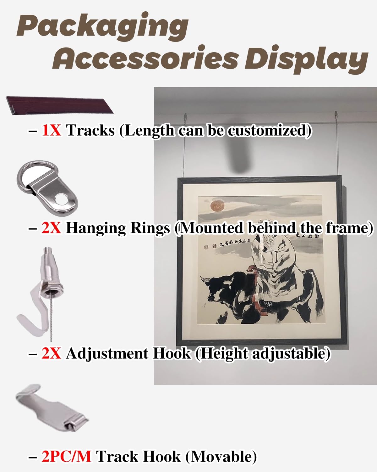 Sistema para Colgar Cuadros en galerías. Riel Blanco de 37 Pulgadas para decoración de Paredes. Cables de Acero y Ganchos de Resorte Fotos y exposiciones. Fácil instalación.