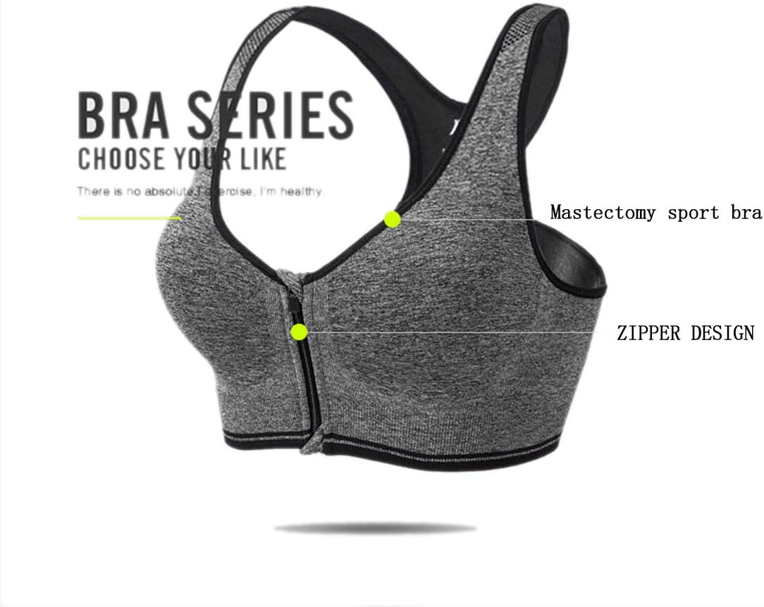 BIMEI Women's Sports Bra Wirefree Zipper Front Mastectomy Bra Comfort Pocket Bra Seamless with Removable Paddings9901